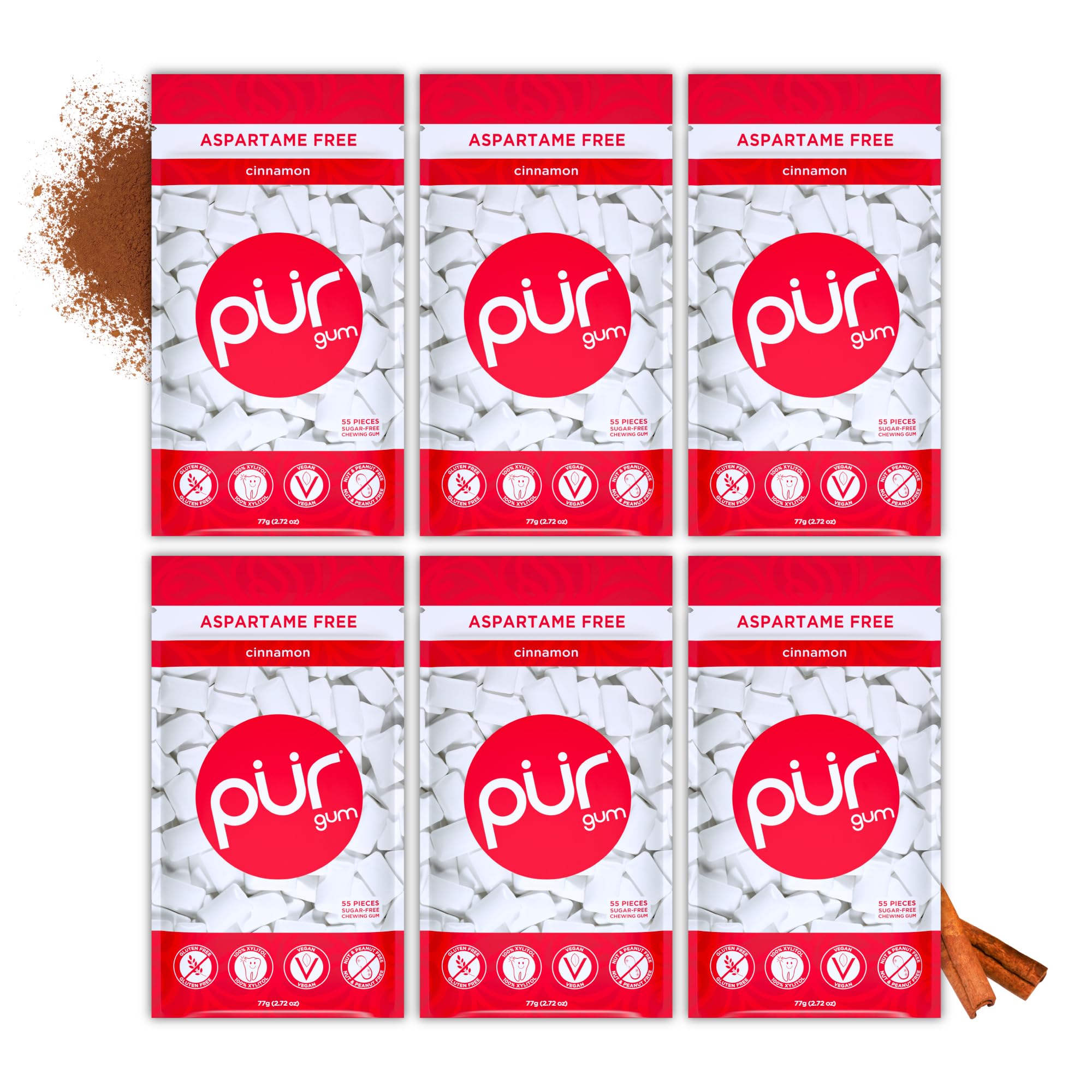 PUR Gum | Zuckerfreier Kaugummi | Mit Xylit | Vegan, Aspartamfrei & Glutenfrei | Natürlicher Kaugummi Mit Spearmint-Geschmack, 55 Stück (3er Pack)