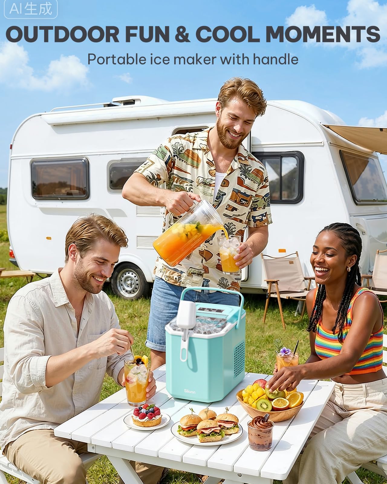 Silonn Ice Maker Countertop, Portable Ice Machine with Carry Handle, Self-Cleaning Ice Makers with Basket and Scoop, 9 Cubes in 6 Mins, 26 lbs per Day, Ideal for Home, Kitchen, Camping, RV
