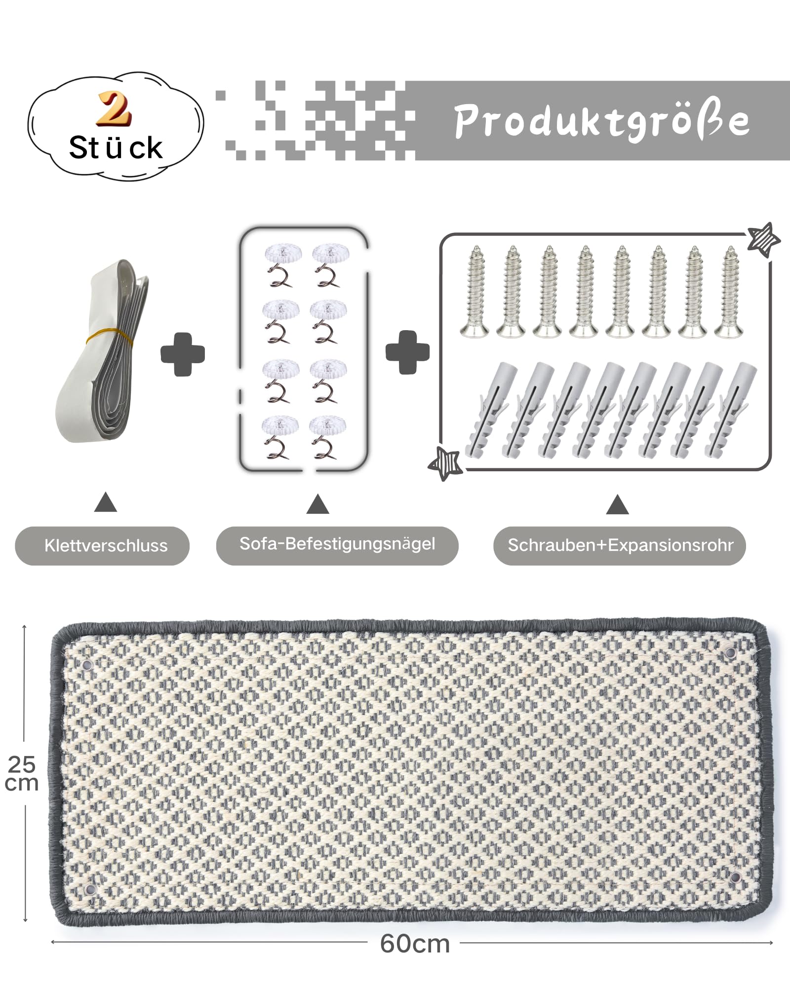 2 Stück Kratzmatte aus Sisal, Kratzmatte für Katzen, mit Klebeband, Katzenkratzmatte, Teppich zum Schutz der Wand, 60 × 25 cm (Braun)