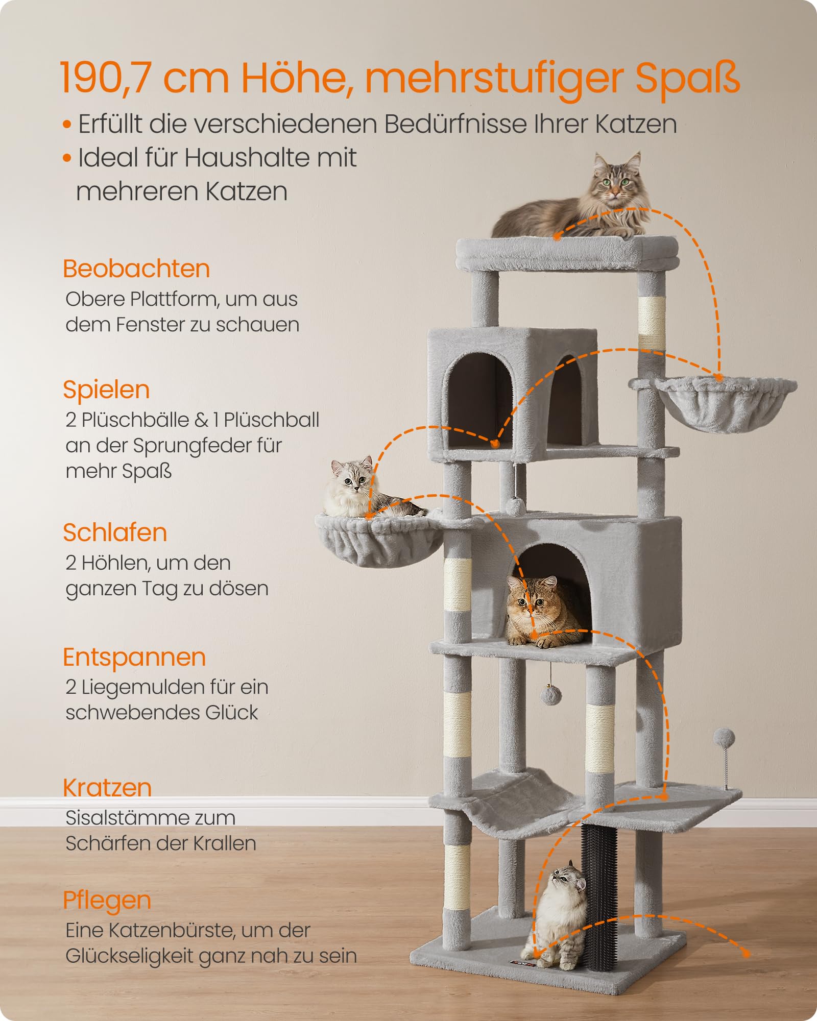 Feandrea Kratzbaum, 175 cm hoch, XL, mehrstöckiger Katzenbaum mit 2 Höhlen, 2 Liegemulden, 5 Kratzsäulen, Katzenbürste, große Plattform, Taubengrau PCT182G01