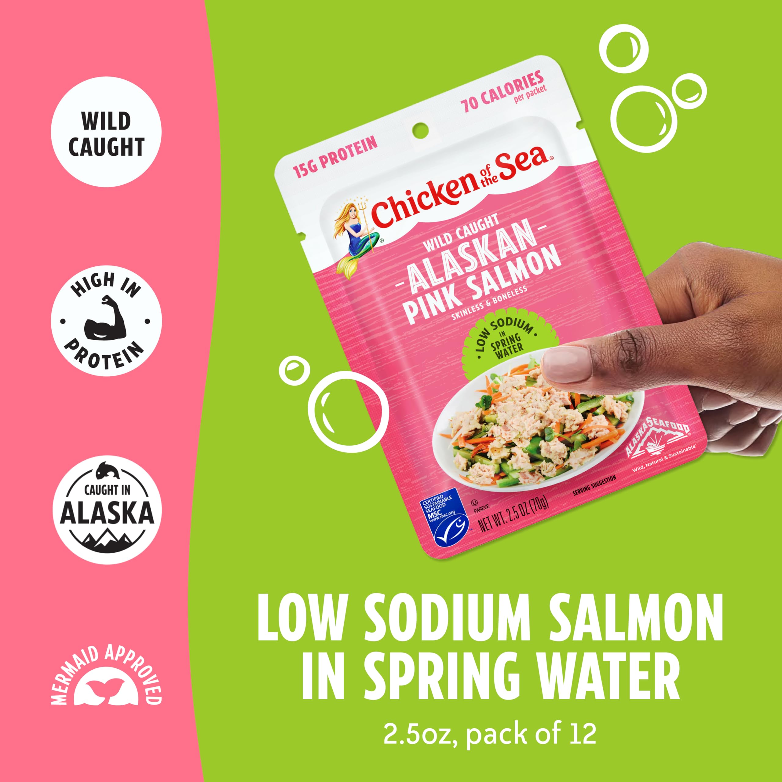Chicken of the Sea Alaskan Pink Salmon in Spring Water, 2.5 Ounce Packets (Box of 12), Wild Caught, Skinless & Boneless
