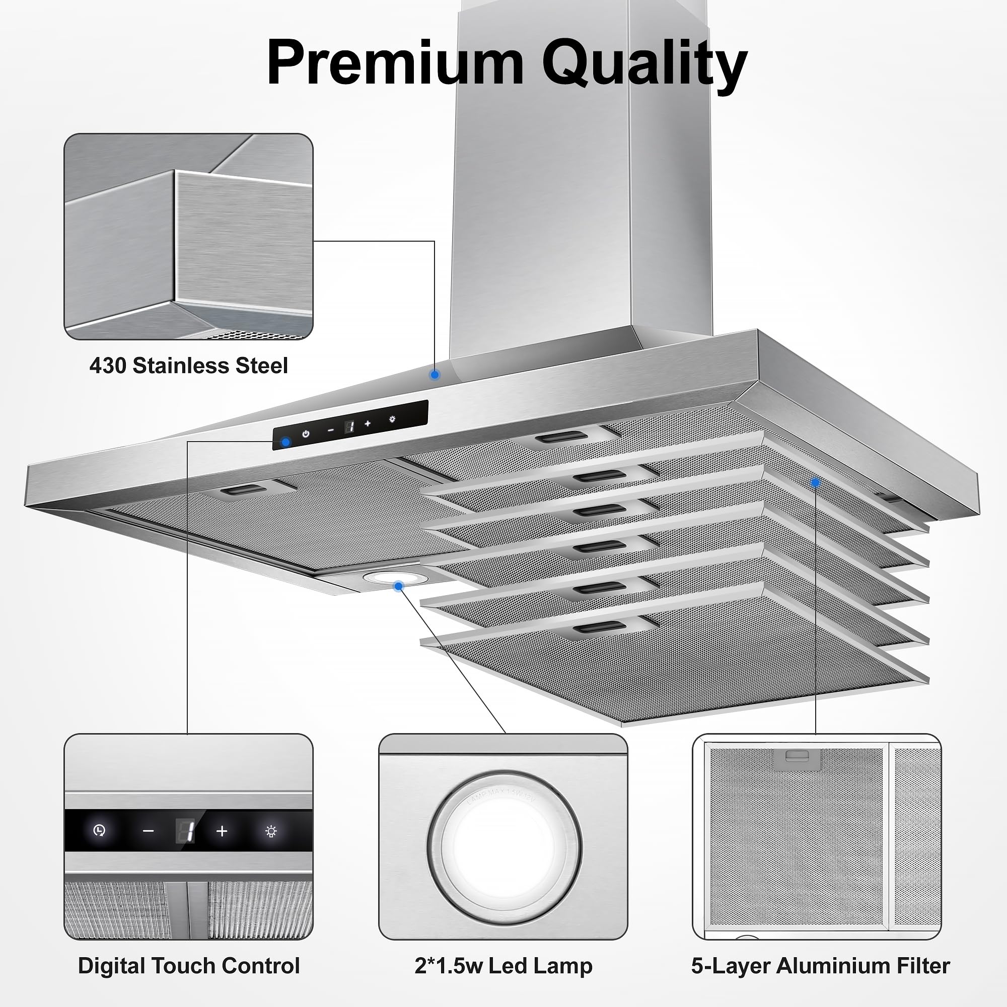 Tieasy Wall Mount Range Hood 30 inch with Ducted/Ductless Convertible Duct, Stainless Steel Chimney-Style Over Stove Vent Hood with LED Light, 3 Speed Exhaust Fan, 450 CFM