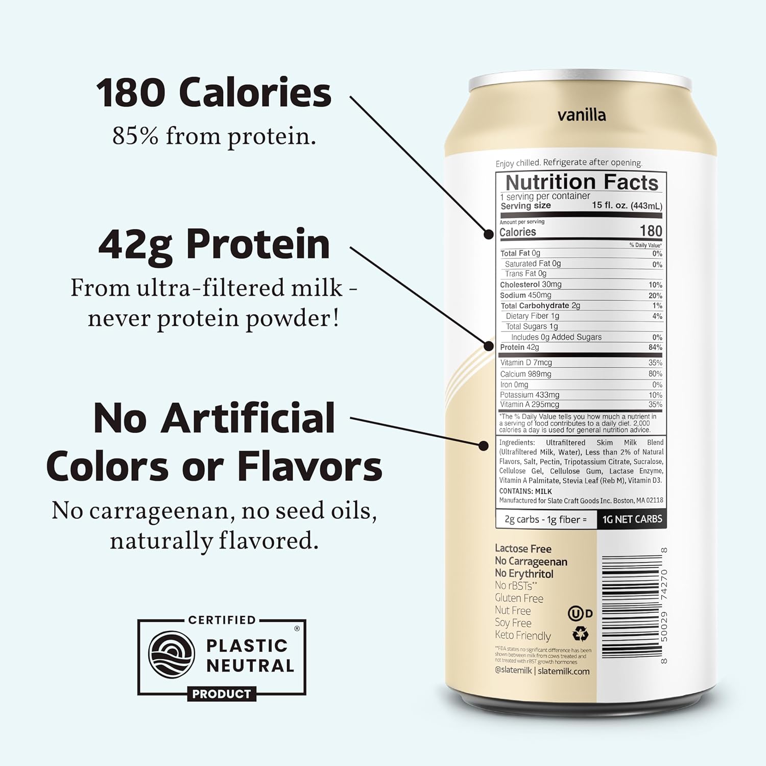 Slate Milk - Ultra Protein Shake - Vanilla - 42g Protein, 1g Sugar, 180 Calories, 1g Net Carbs - Lactose Free, No Added Sugar - Made with Ultra Filtered Milk - Breakfast Boost, Post Workout - 15 fl oz, 12 Cans