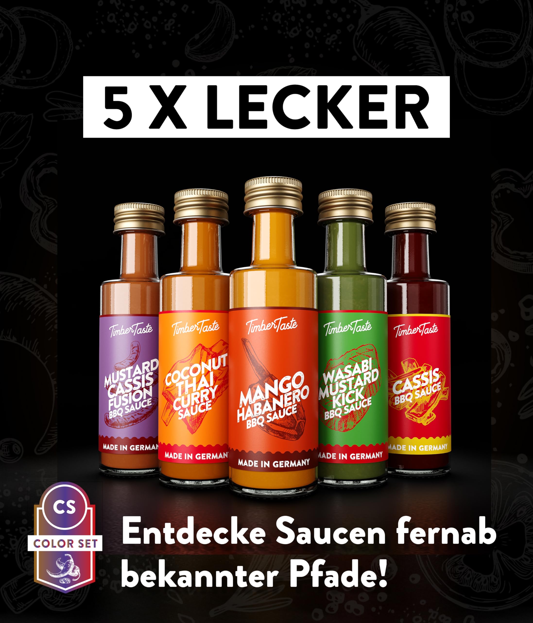 TIMBER TASTE® Chili Geschenkset scharfe Soßen Set - 5 Hot Sauce Set je 40ml in Geschenkverpackung für Liebhaber & Genießer scharfer Saucen | Ostergeschenk Mann | kleine Ostergeschenke Männer