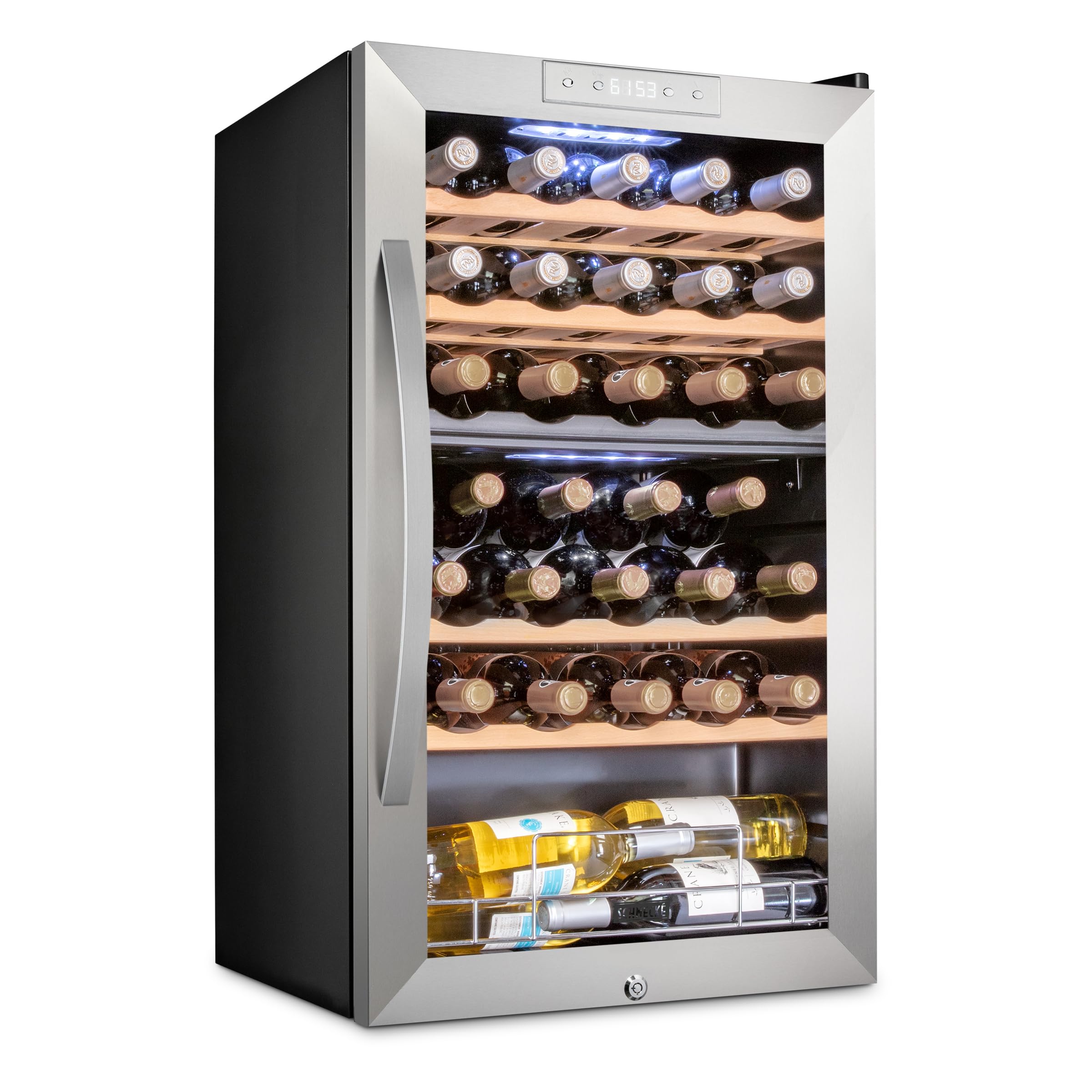 SCHMECKE 28 Bottle Compressor Wine Cooler Refrigerator w/Lock - Large Freestanding Wine Cellar - 41f-64f Digital Temperature Control Wine Fridge For Red, White, Champagne or Sparkling Wine - Black