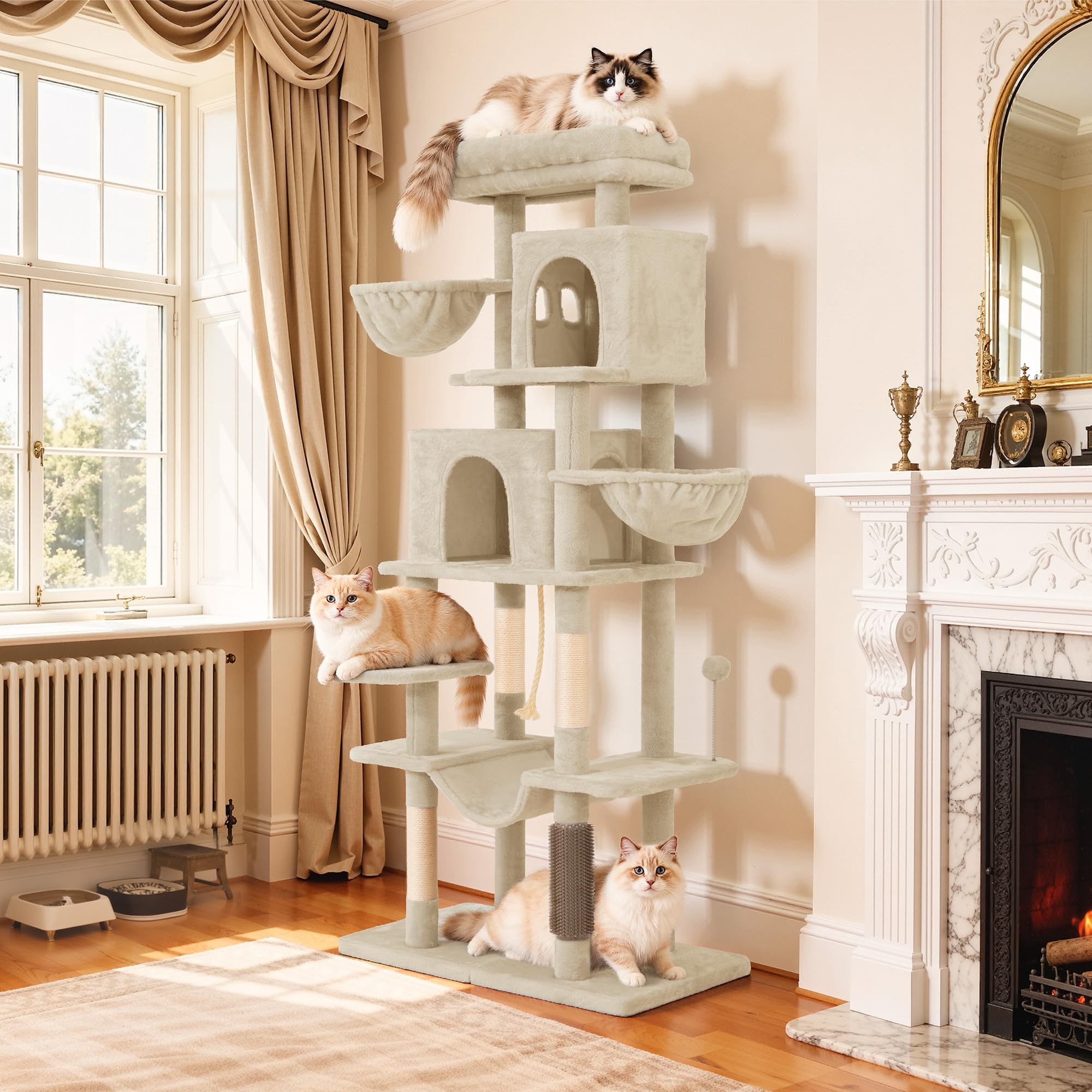 YITAHOME Kratzbaum, Katzenkratzbaum, für Große Katze, Katzenbaum, Katzenbürsten, 11 cm Dicke Stämme, Große Plattformen, Plüschkissen, Höhle, 50 x 50 x 157 cm, Beige