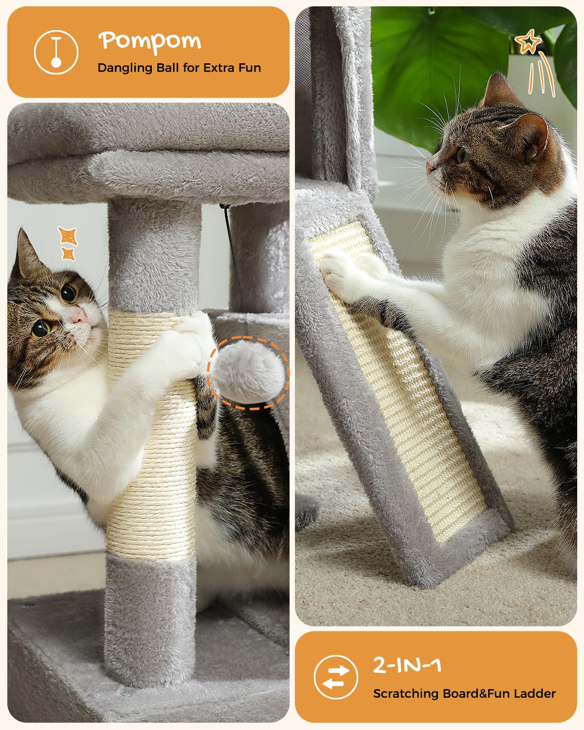 PETEPELA Katzenbaum Kratzbaum Kratzbäume Katzenmöbel mit Sisal-Seil Plüsch Liege höhlen Spielhaus Spielzeug für Katzen Grau