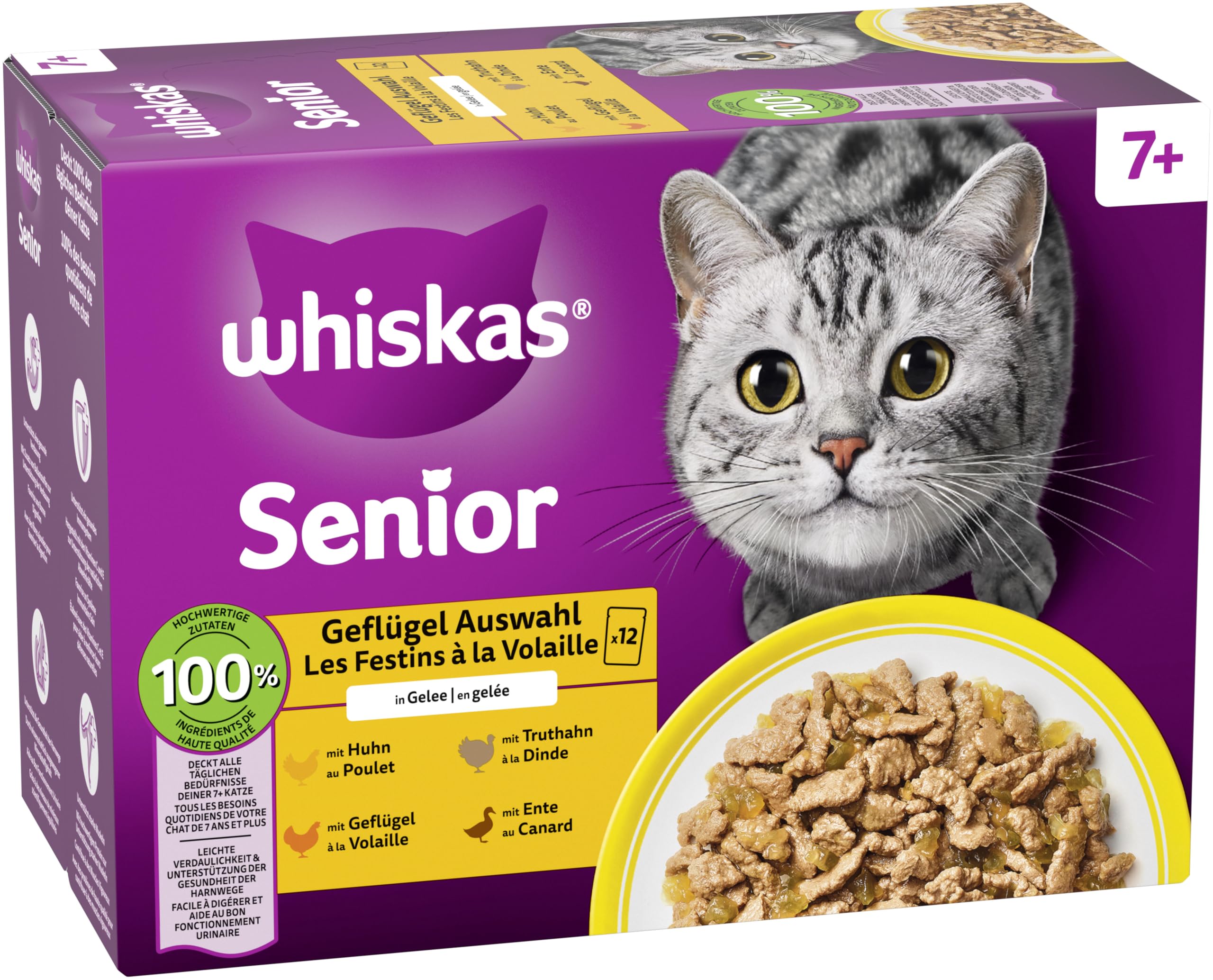 Whiskas Senior 7+ Katzennassfutter Gemischte Auswahl in Sauce, 48 Portionsbeutel, 12x85g (4er Pack) – Hochwertiges Katzenfutter nass, für Katzen ab 7 Jahren und älter