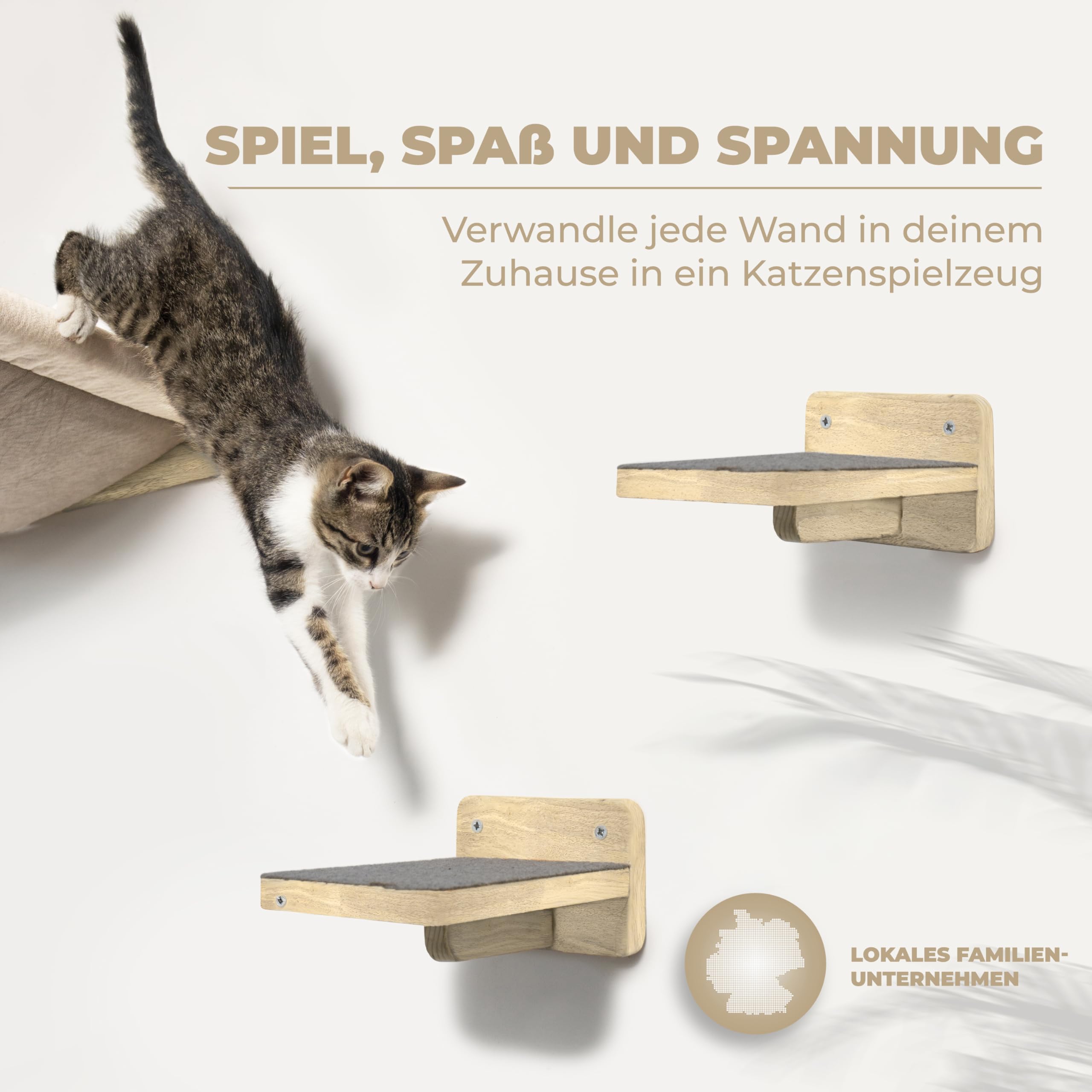 WOOWOOD® 2X Kletterwand Katzen - 3X Katzentreppe Wand- Kratzbaum Wand - Hängematte Katze - Wandkratzbaum - Katzenmöbel - Katzenwand - Katzen Kletterwand Set - Naturhell