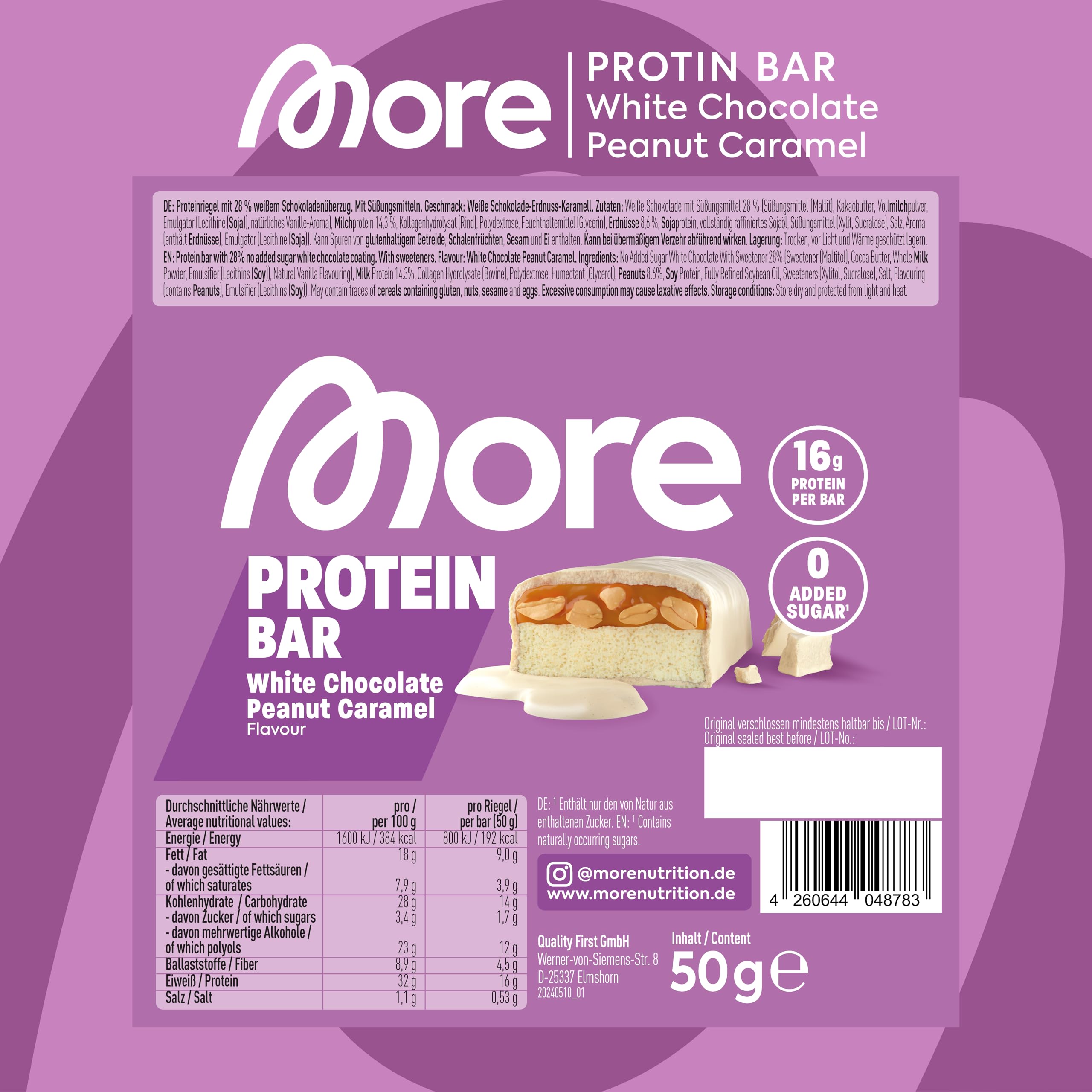 MORE Protein Bar, 10er Box, White Chocolate Peanut Caramel, Protein Riegel ohne Zuckerzusatz (Design kann variieren)