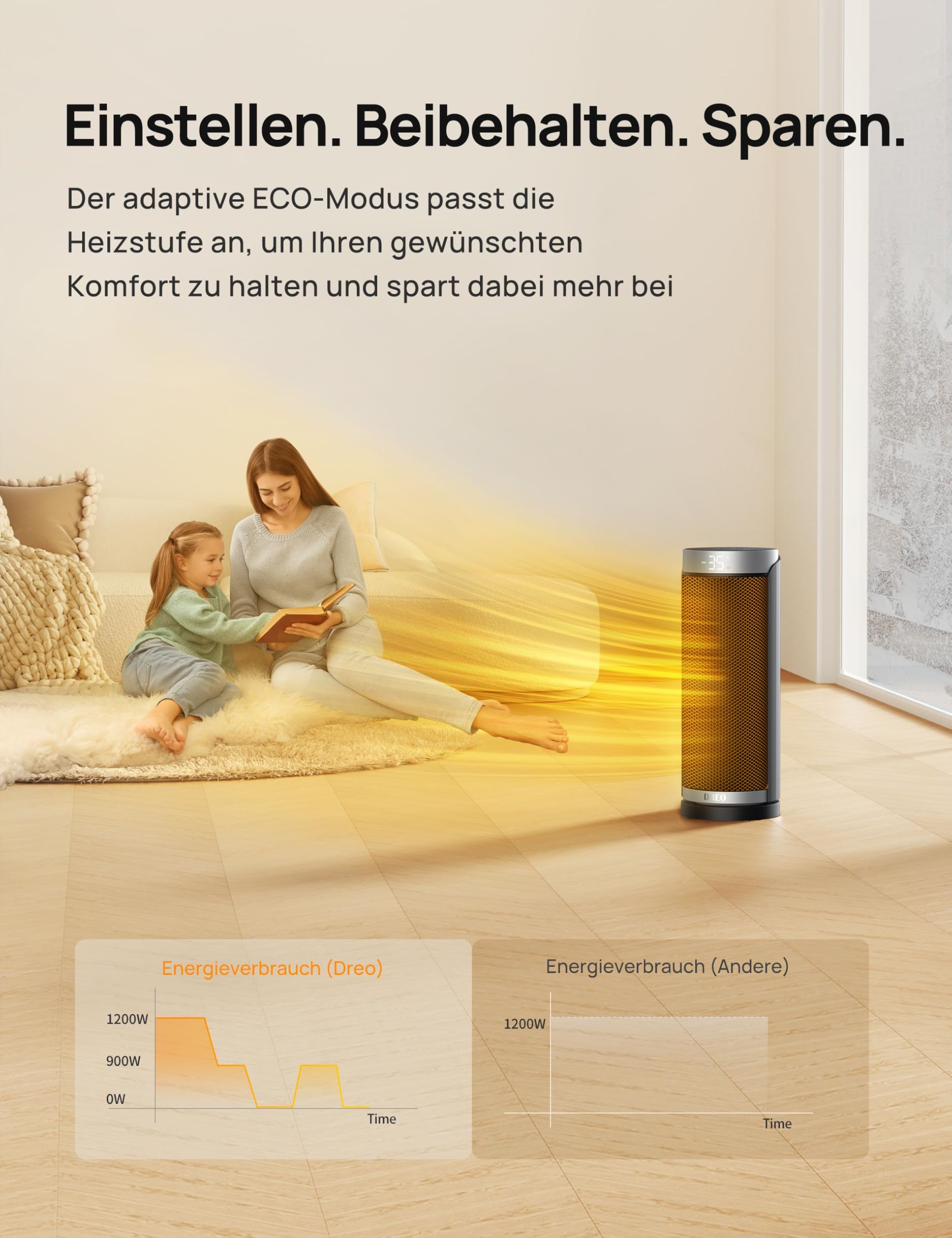 Dreo Heizlüfter Energiesparend, PTC Keramik Heizlüfte Leise, 70° Oszillierend Elektroheizung mit Fernbedienung, 12-Std-Timer, 3 Modus 3 Geschwindigkeit, Überhitzungs-Kippschutz, Solaris Slim H3
