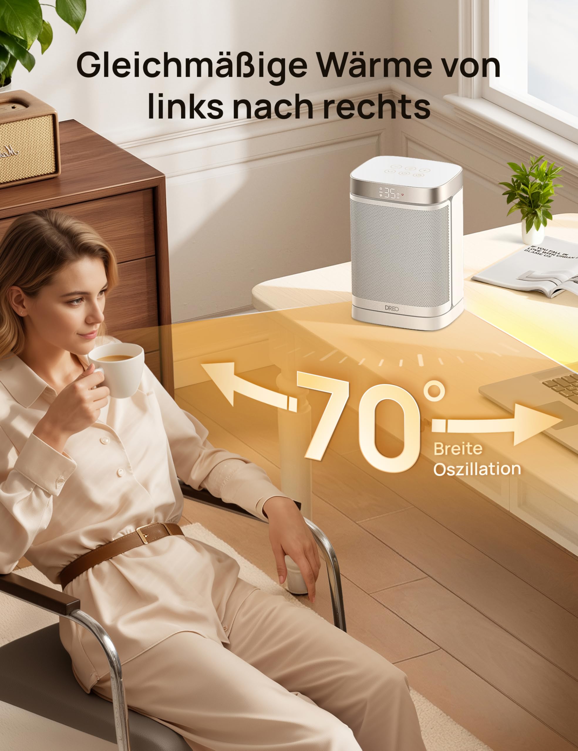 Dreo Heizlüfter Energiesparend Klein, 1500W Heizung Elektrisch mit Thermostat, 70° Oszillierend Elektroheizung, PTC Keramik Heizlüfter Leise, ECO-Modus, 12-Std-Timer, Überhitzungs- & Kippschutz