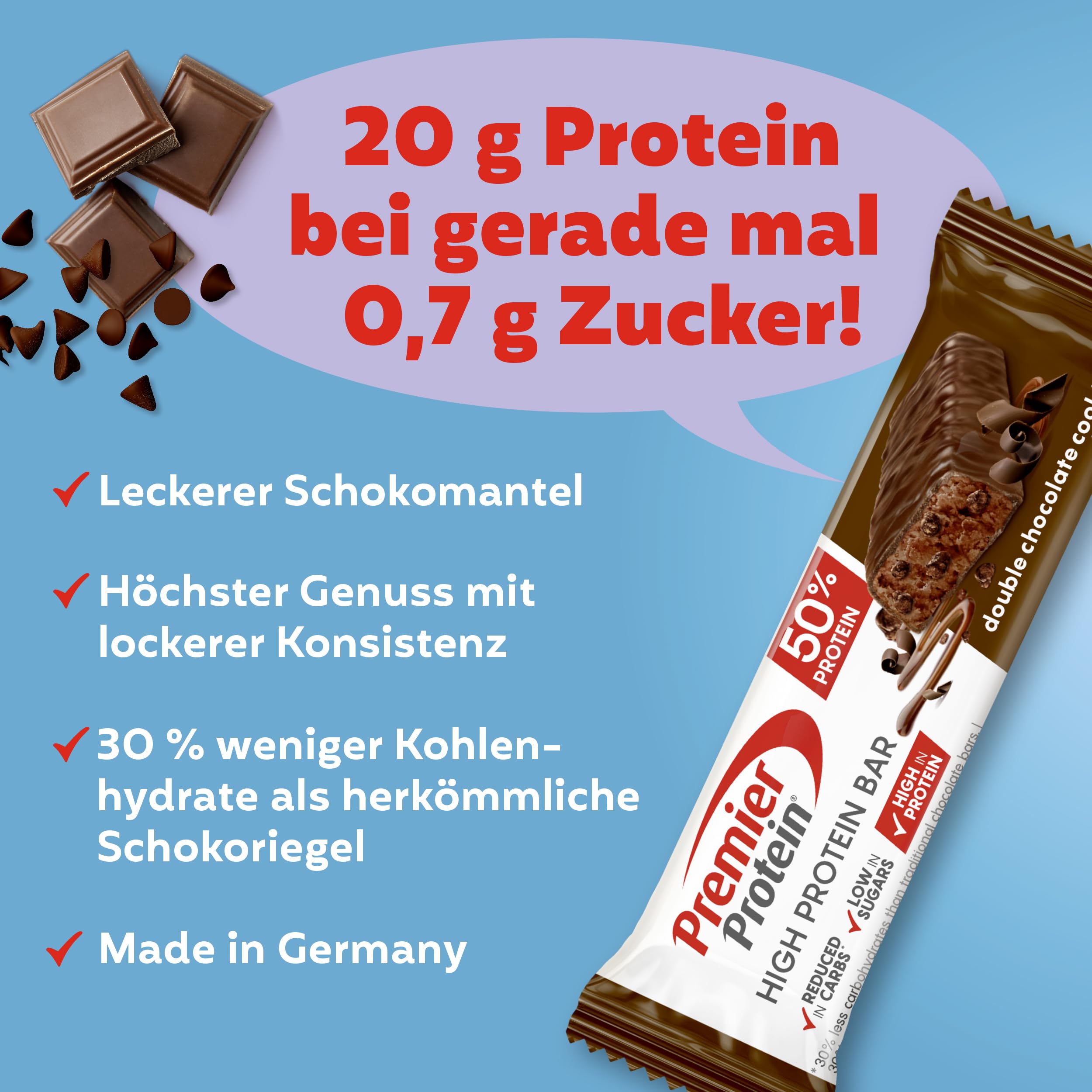 Premier Protein - High Protein Bar 50% - Double Chocolate Cookie - 16x40g - Zuckerarm - Kohlenhydratarm - palmölfrei