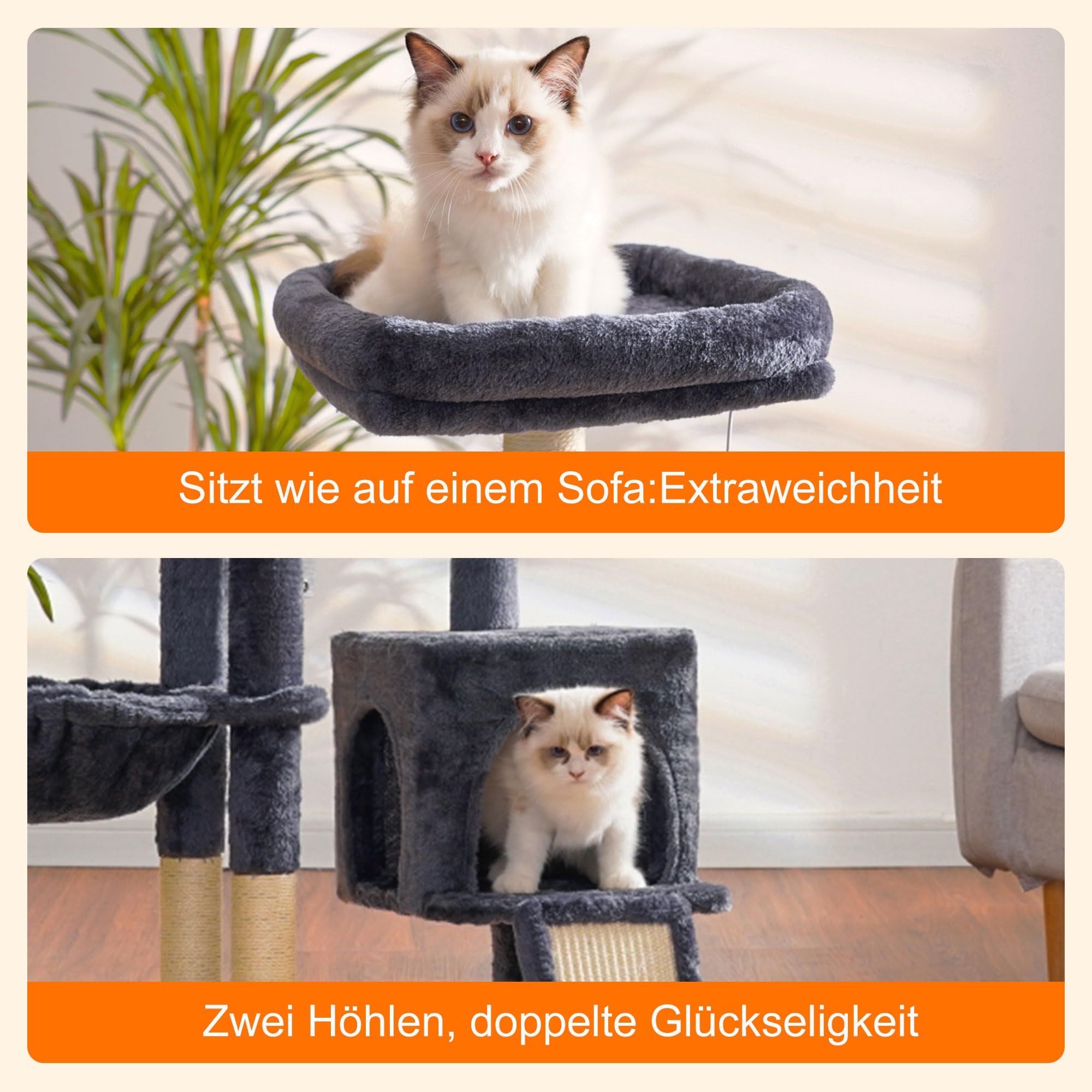 Heybly Kratzbaum mit Katzenbürste, Katzenbaum für Hauskatzen mit Gepolsterter Sitzstange aus Plüsch, Katzenkratzbaum mit Korb, Kratzbrett und Kratzbaum, Hellgrau HCT005SW