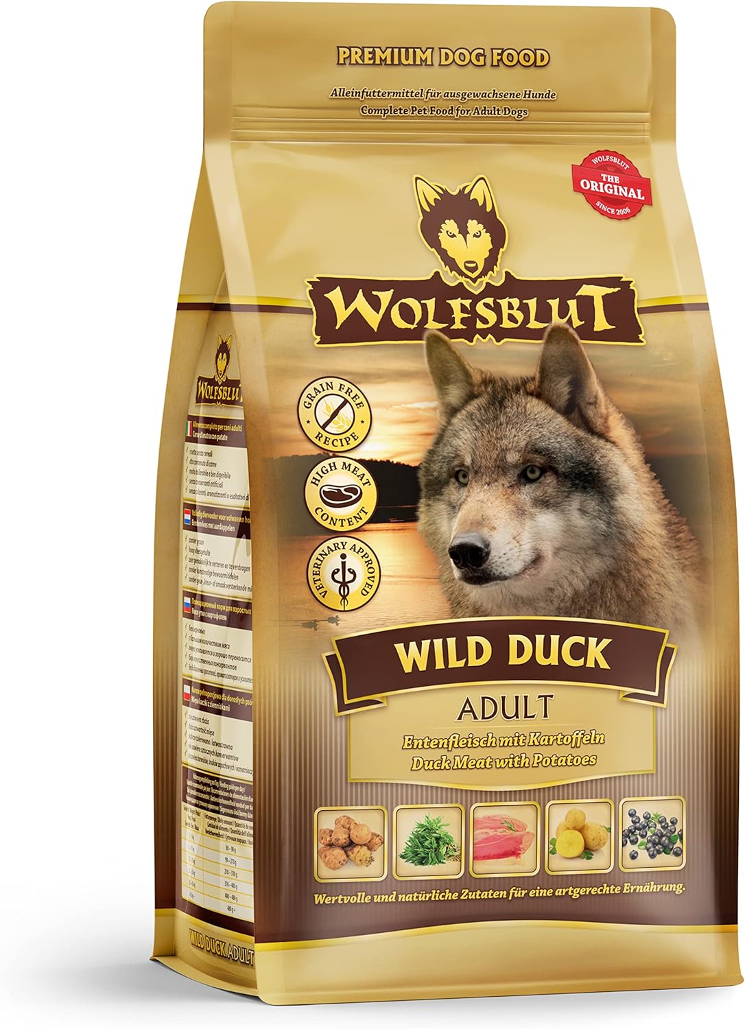 WOLFSBLUT – Wild Duck Adult | Trockenfutter mit natürlichen Zutaten und Superfoods für ausgewachsene Hunde. Getreidefreies Alleinfutter ohne Zusatzstoffe im Beutel | 12,5kg Ente