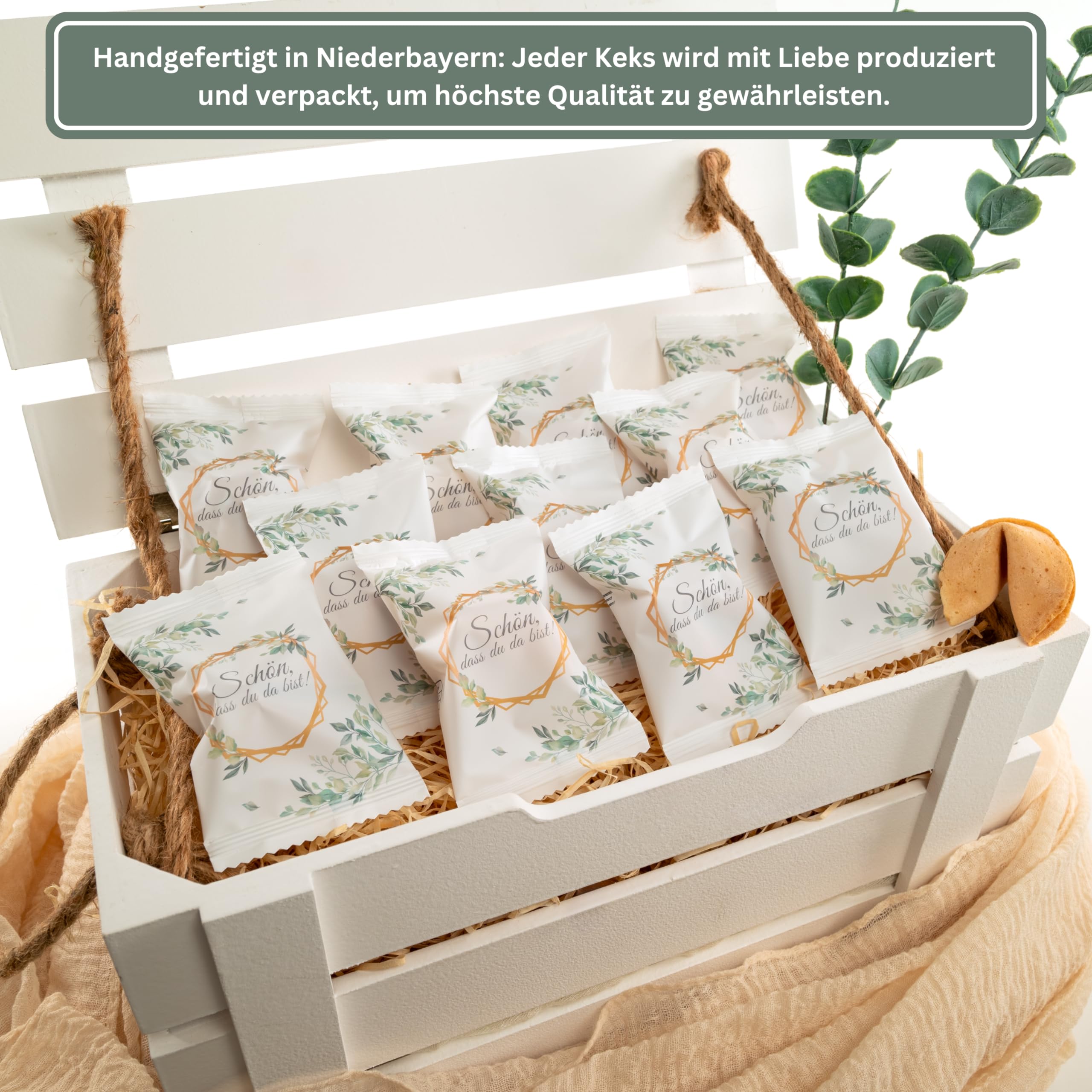 Lucky Treats Glückskekse - 25 Stück - Schön, dass du da bist - Gastgeschenke Hochzeit Deko - Sprüche auf Deutsch & Englisch - regional hergestellt