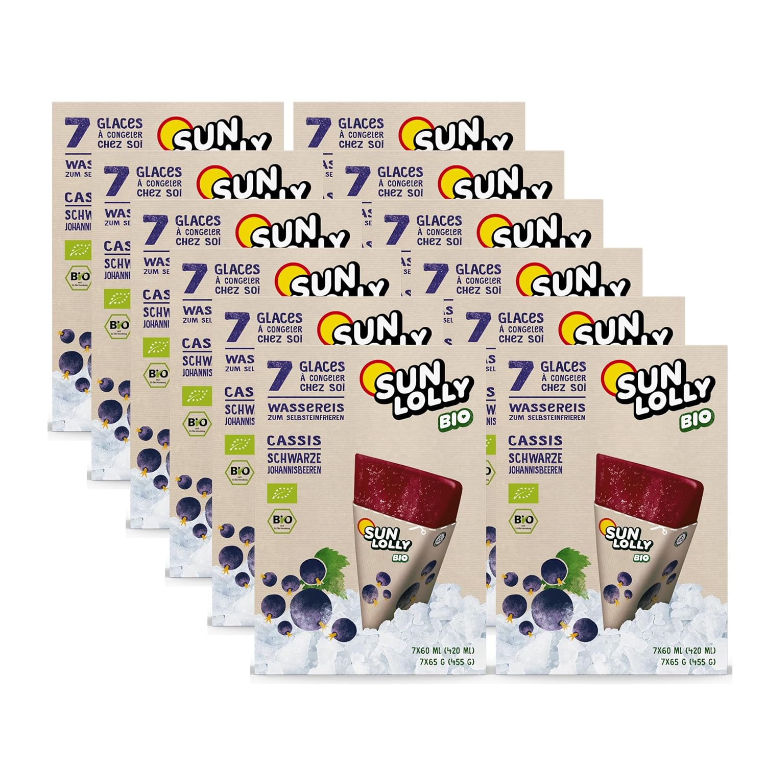 Sun Lolly Bio Wassereis Schwarze Johannisbeere 12er Vorratspack | Mit Fruchtsaft | Zum Selbsteinfrieren | Ohne künstliche Aromen | Frei von Süßungsmittel | Vegan | 12 x 420ml