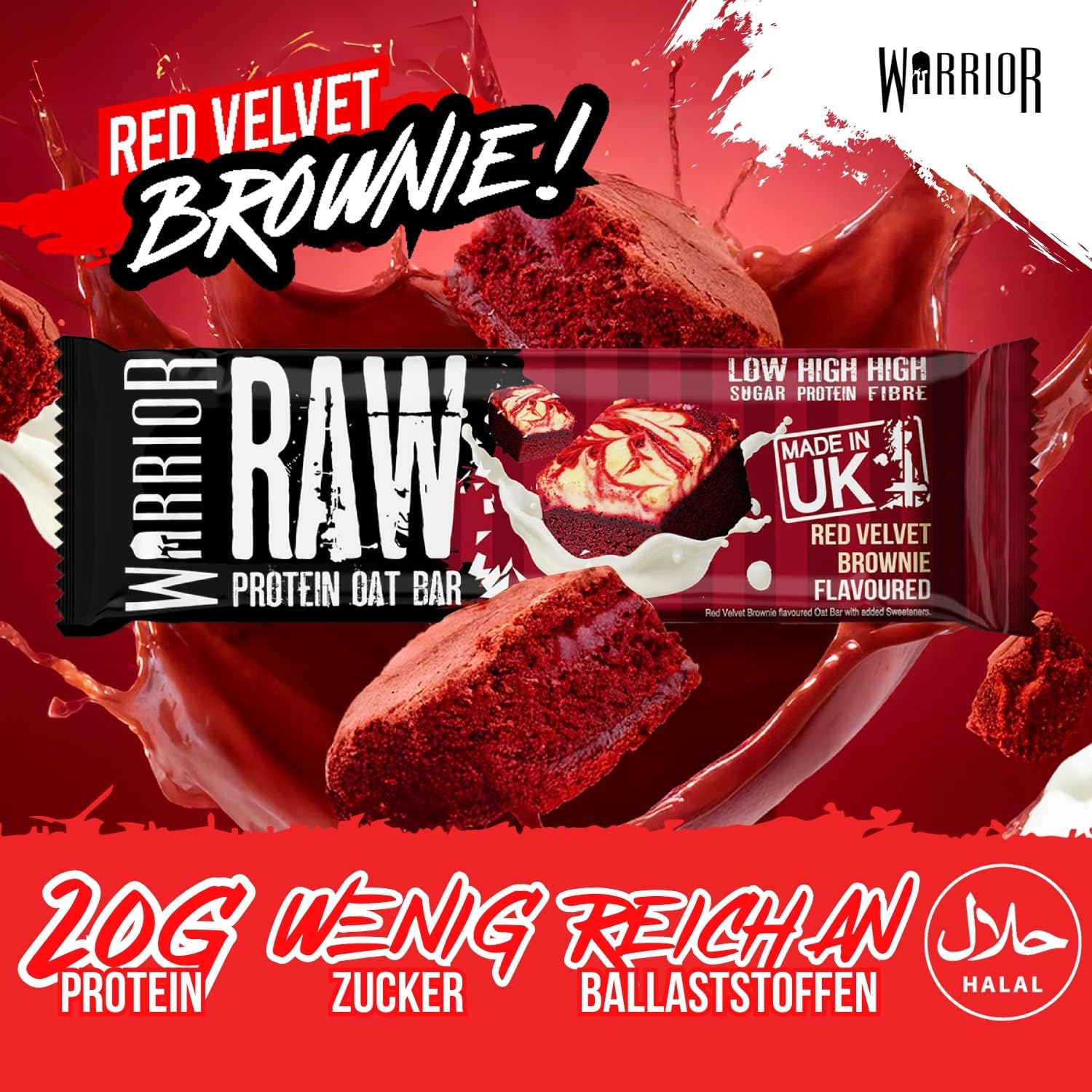 Warrior Raw Proteinriegel 12 x 75 g – Ballaststoffreicher Haferriegel mit Protein, High Protein Snack ohne Zucker, Natürlicher Haferflocken Riegel mit Präbiotika – Schoko-Brownie