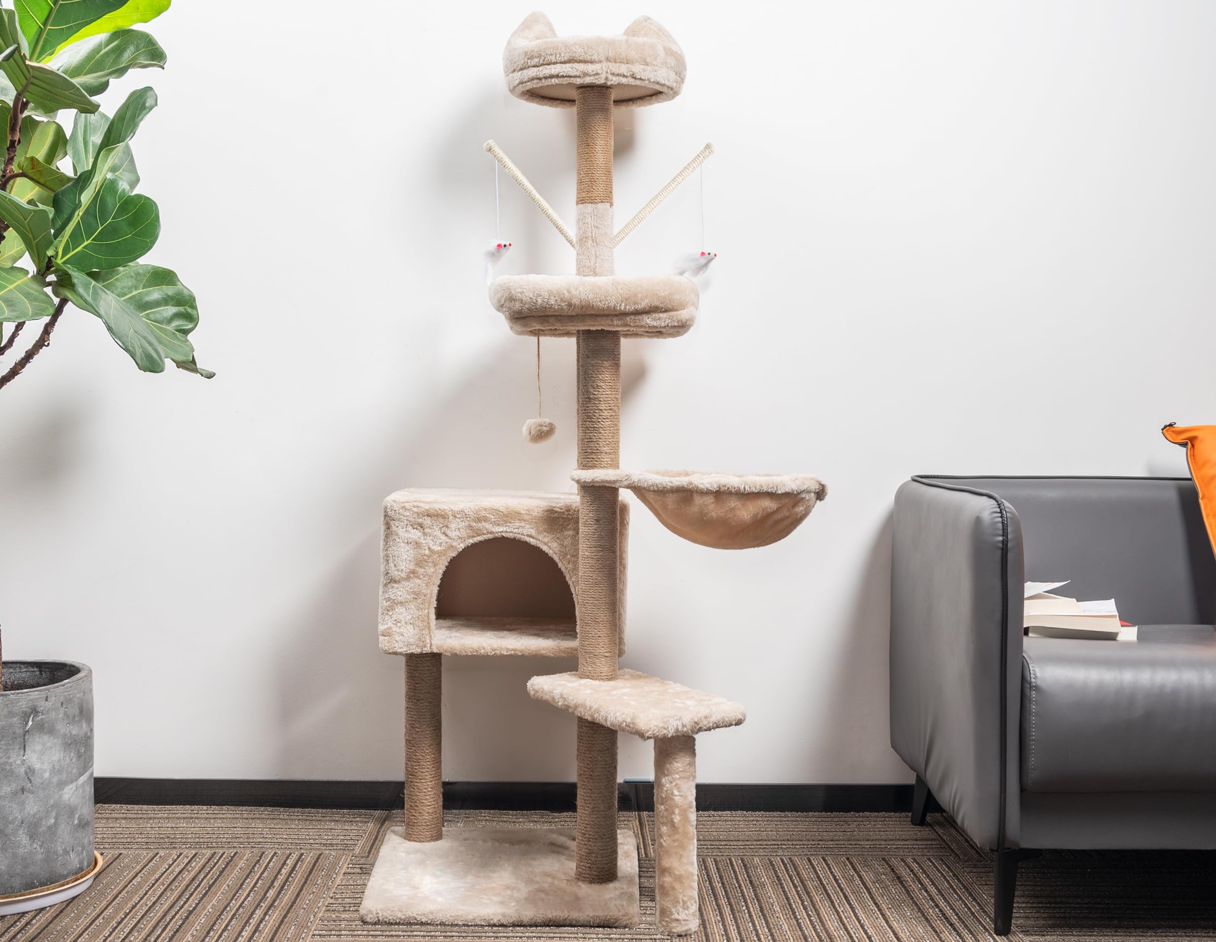 HOMIDEC Katzen Kratzbaum, 145 cm Katzenbaum Kletterturm, Kletterbaum Aktivitätskratzbäum mit Säulen vollständig mit Sisal umwickelt, Katzenspielzeug, Höhle, Plattformen, Liegemulde, Hellgrau