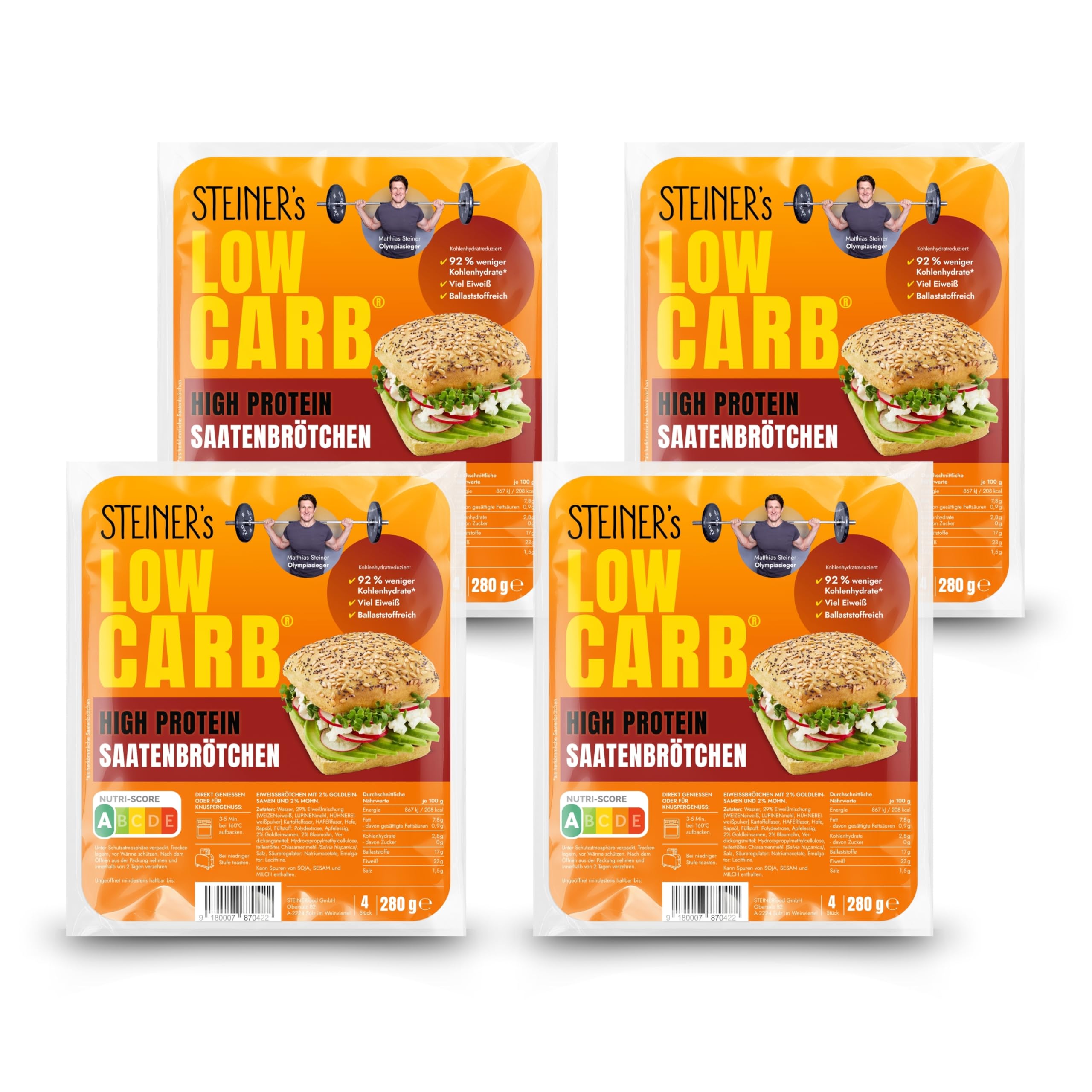 STEINER´s Low Carb High Protein Saatenbrötchen | 92% weniger Kohlenhydrate | high protein | nur 2,8g Kohlenhydrate | 23g Eiweiß (4er Pack, 16 Stk.)