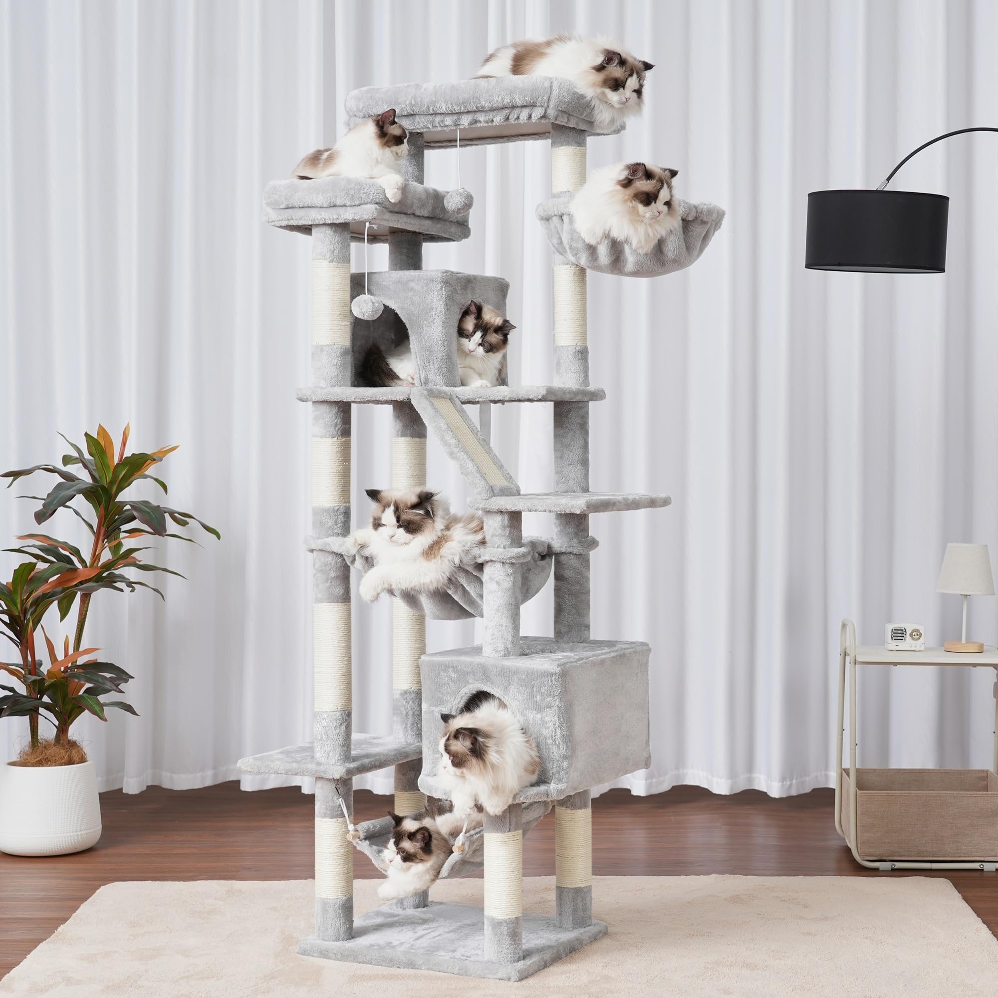Heybly Kratzbaum, 180 cm Hoher Katzenturm für Wohnungskatzen mit 2 Plattformen, 2 Großen Schlafhäusern, 2 Hängematten, Korb und Kratzbrett, Großes Katzenmöbel mit Schlafplatz, Hellgrau HCT034W