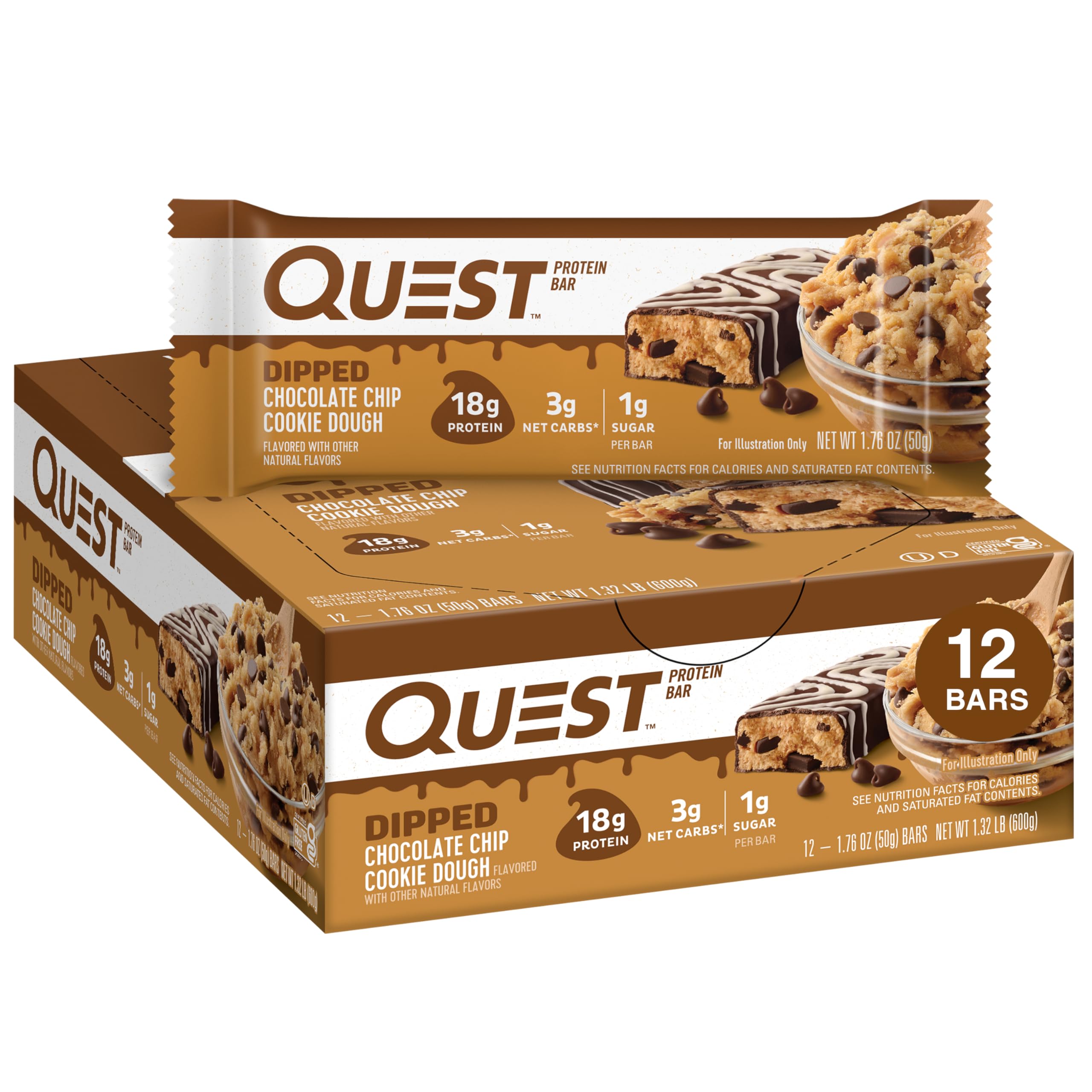 Quest Nutrition Chocolate Chip Dough Cookie Protein Bars, 21g Protein, 1g Sugar, 4g Net Carbs, High Fiber, Gluten Free, Keto-Friendly, 12 Count