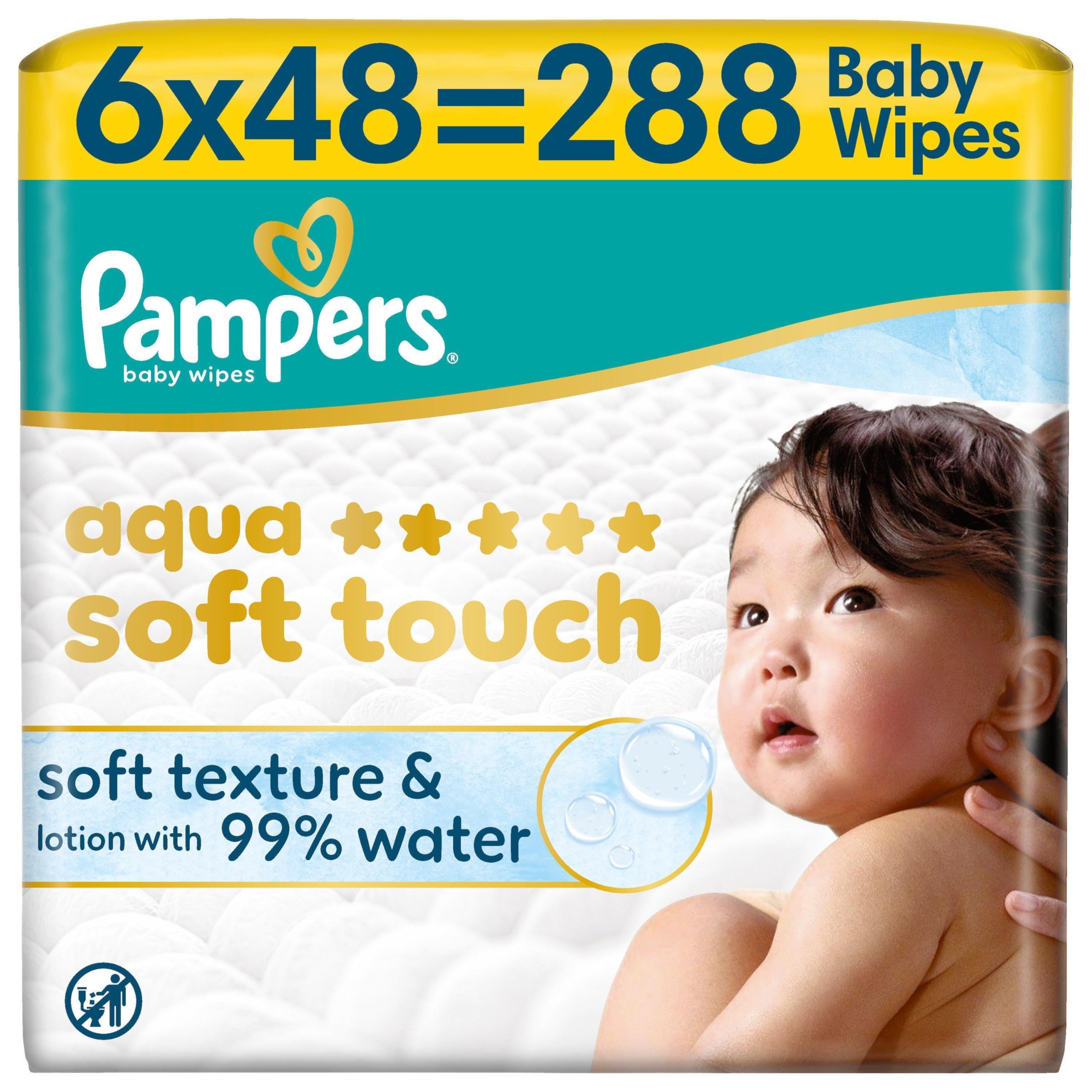 Pampers Aqua Soft Touch Baby-Feuchttücher, 18 Packungen mit 48 Feuchttüchern = 864 Baby-Feuchttücher, weiche Textur & Lotion mit 99% Wasser