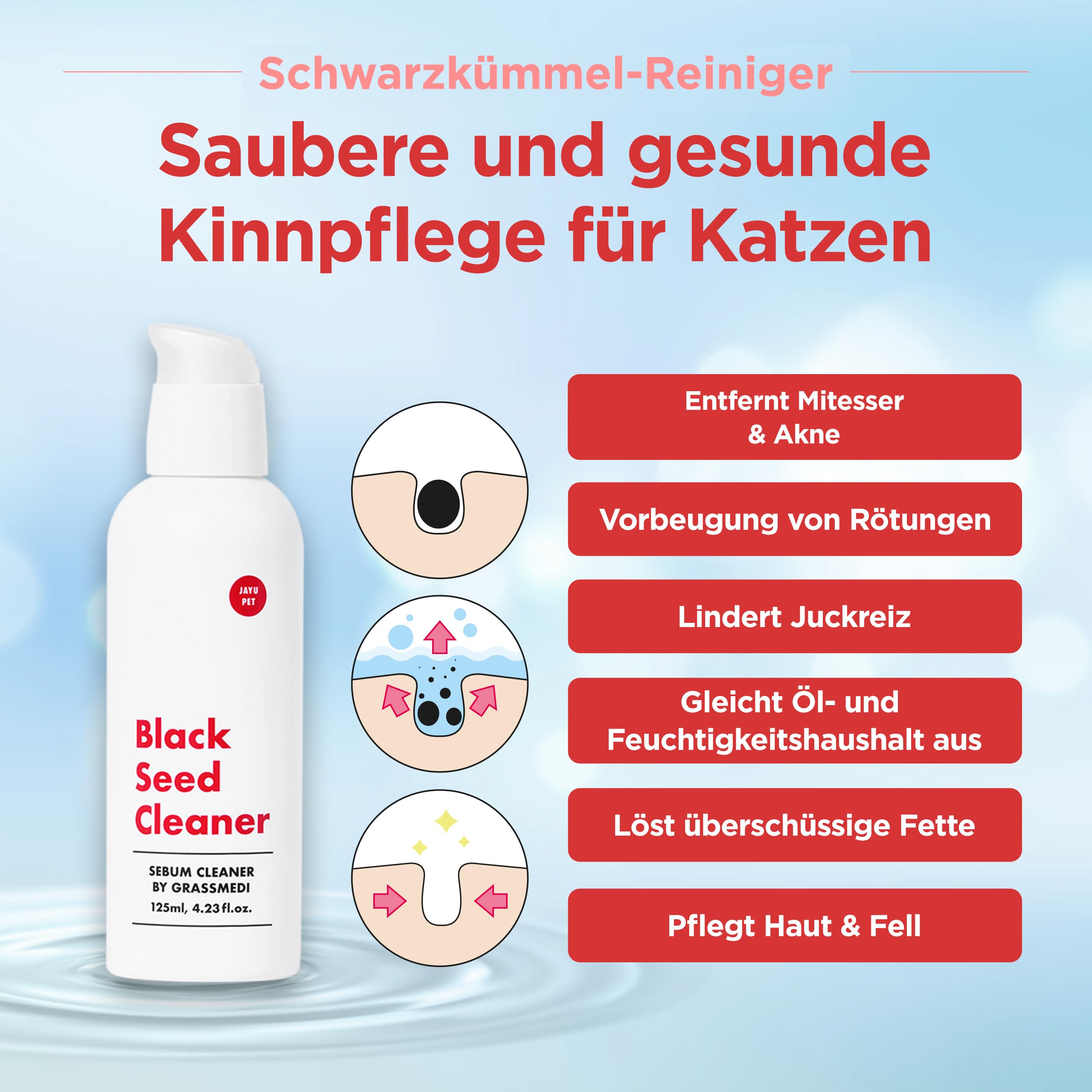 JAYU PET Schwarzkümmel-Reiniger - Kinnakne-Behandlung für Katzen, ungiftiger hypoallergener Reiniger, entfernt Mitesser am Katzenkinn und verbessert die Hautgesundheit (125 ml)
