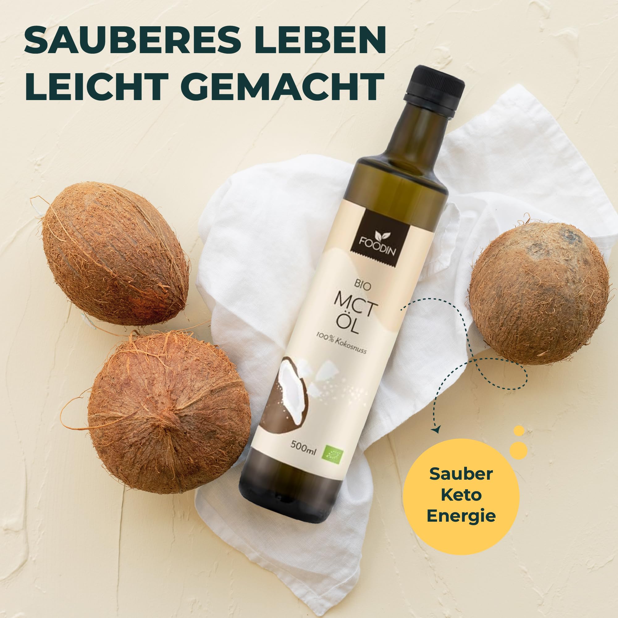 FOODIN MCT Öl 1000ml (2 x 500 ml) aus 100% Kokosöl, Medium-Chain Triglyceride (MCT) Oil, Hergestellt aus produzierter Kokosnuss, 100% glutenfrei und vegan, Ideal für Ketogene Ernährung
