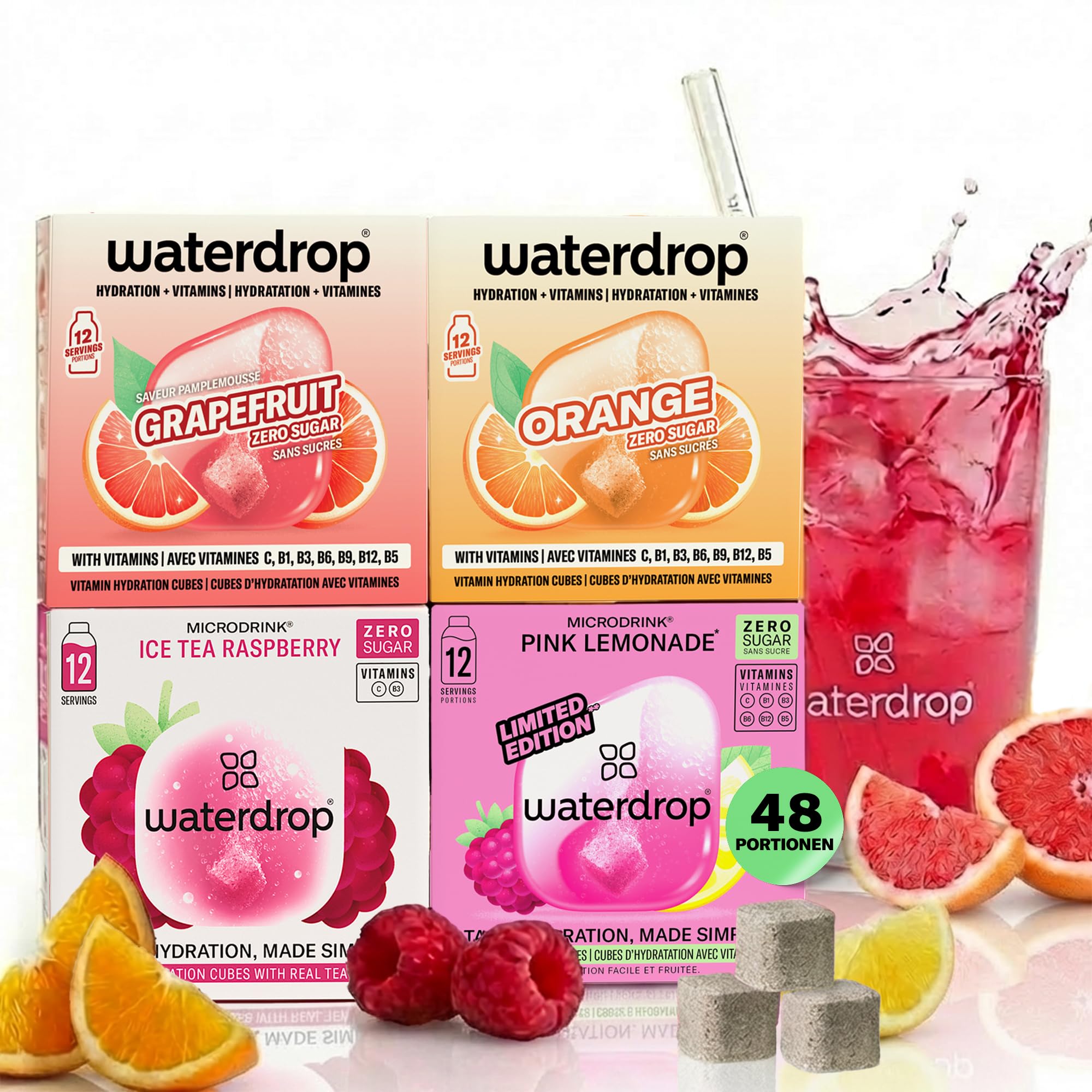 waterdrop® Beeren & Früchte Set – 48 Waterdrop Würfel in 4 verschiedenen Sorten – Zuckerfreier Durstlöscher & Alternative zu Getränkesirup und Geschmackspulver – Flavour Drops im Wasser auflösen