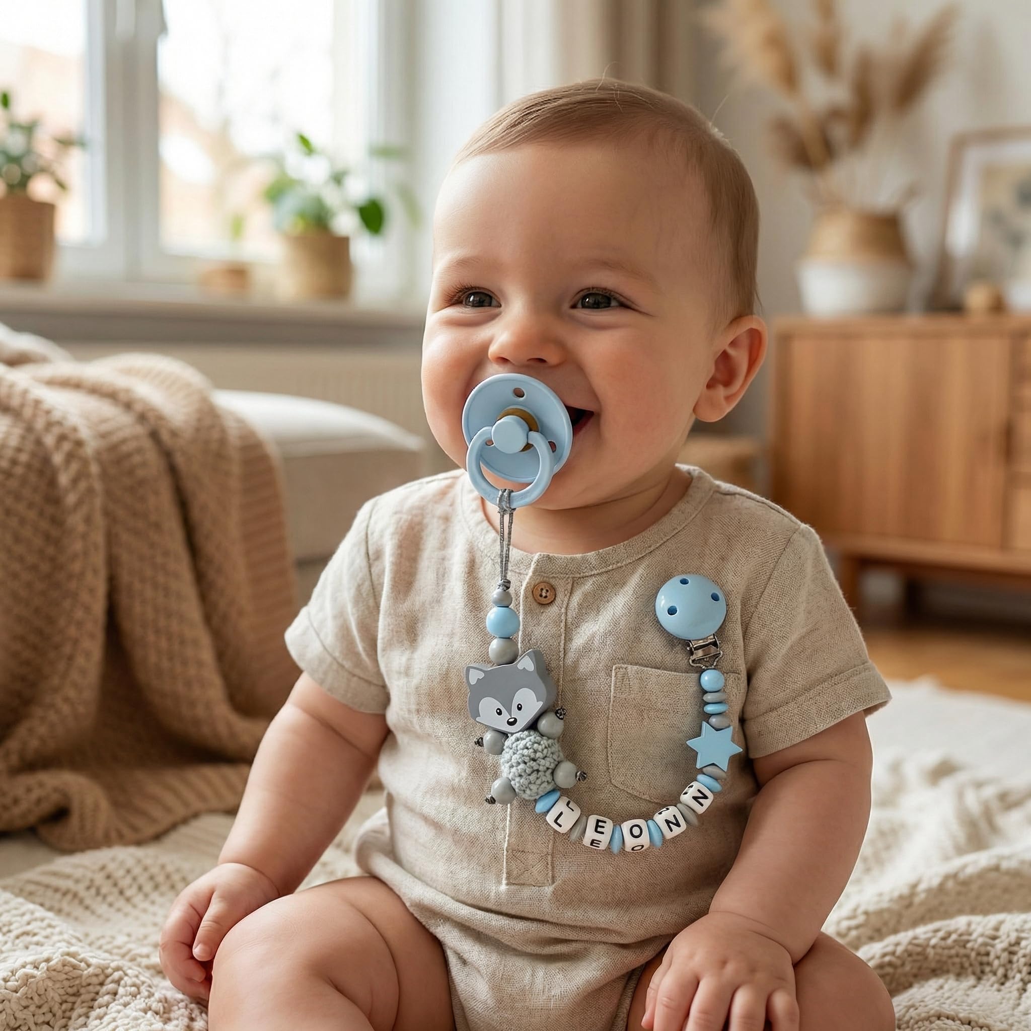 Schnullerband mit Namen für Mädchen & Jungen personalisierte Baby Geschenke (Blau)
