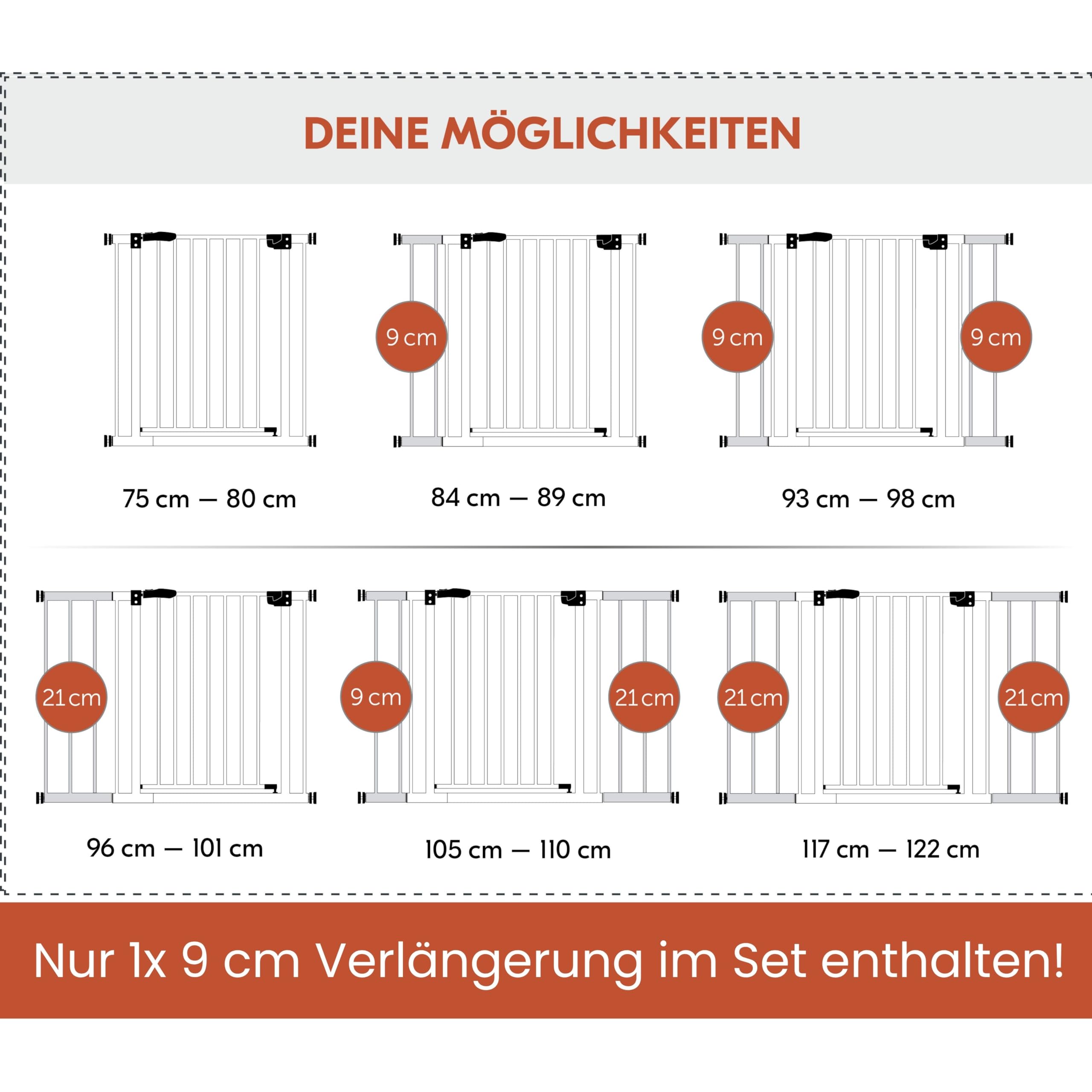 hauck Open N Stop 2 + 21 cm Verlängerung, Weiß - Kinderschutzgitter Hundegitter, Verstellbare Breite 96-101 cm, 77 cm Hoch, Beidseitige Einhand Öffnung, ohne Bohren, für Innen