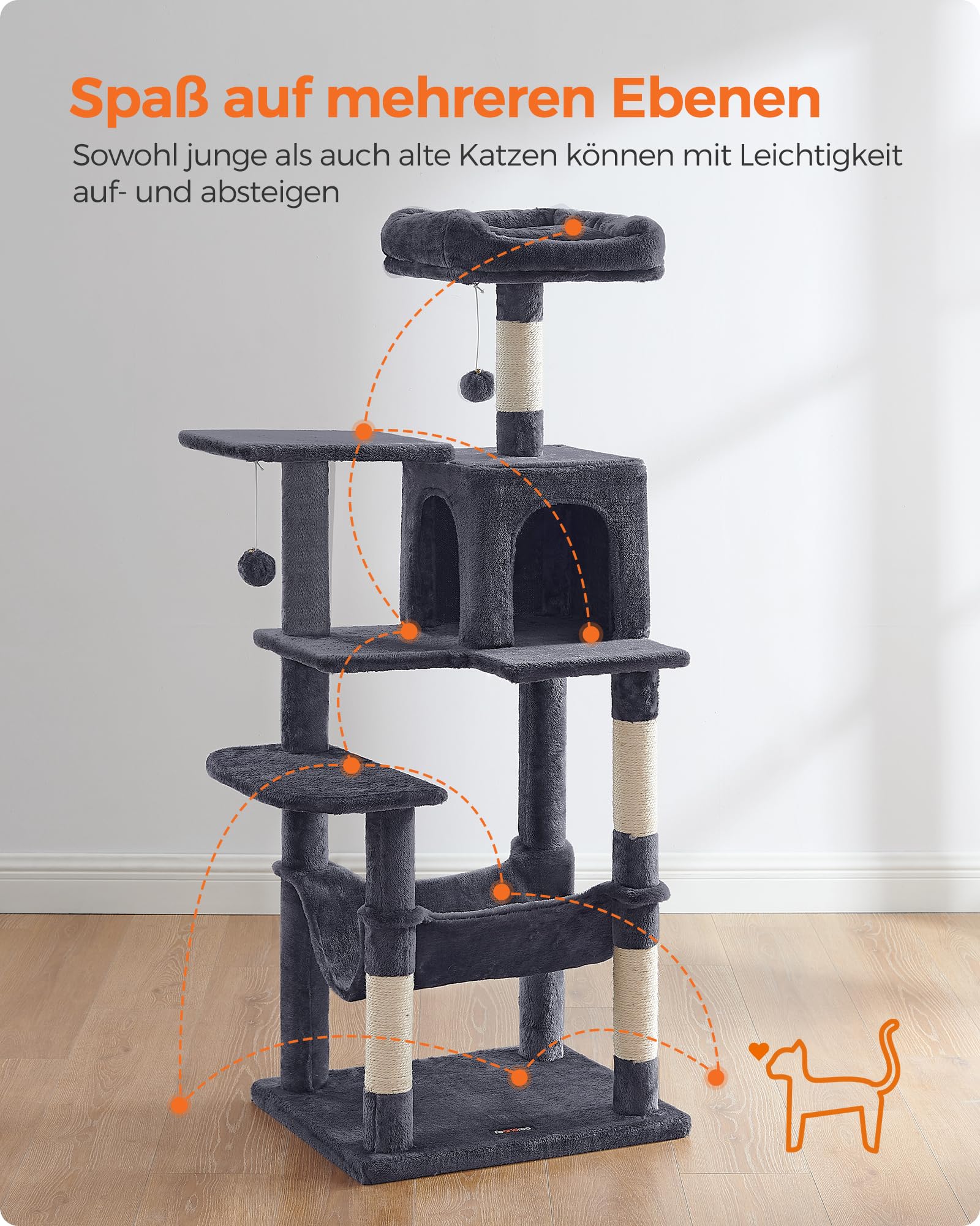 Feandrea Kratzbaum, 143 cm hoch, Katzenbaum, mehrstöckiges Katzenhaus, mit 4 Kratzsäulen, 2 Plattformen, Hängematte, Höhle, hellgrau PCT161W01