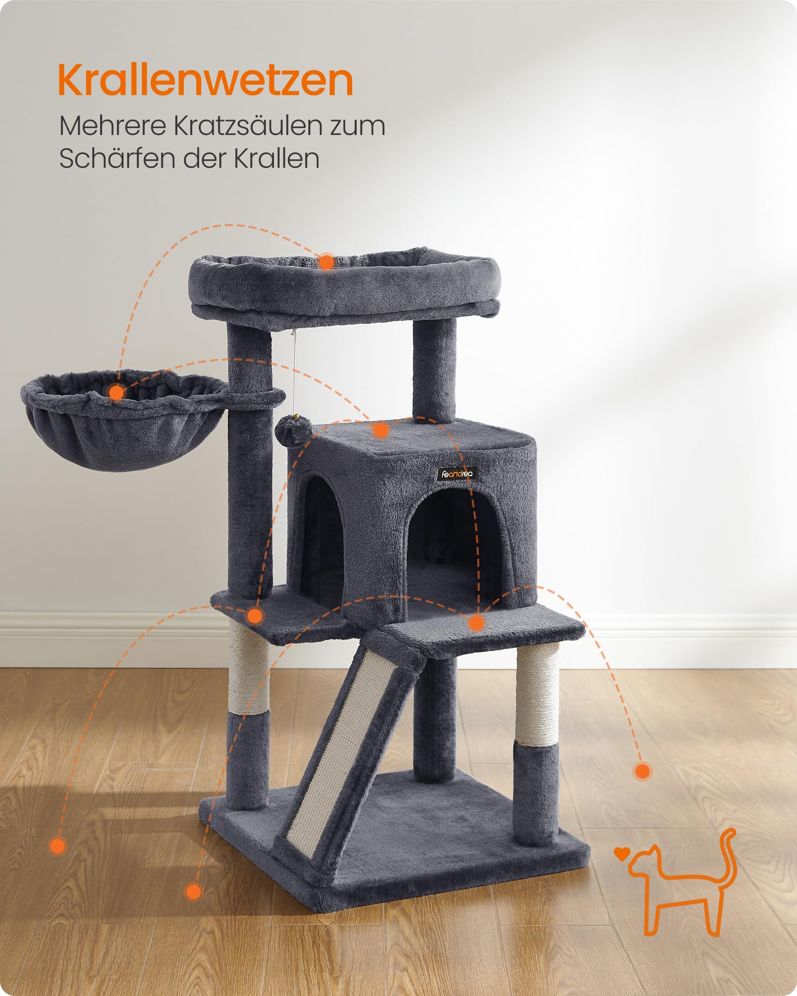 Feandrea Kratzbaum, 96 cm hoch, Katzenbaum mit großer Plattform, Katzenkratzbaum mit Katzenhöhle, Hängematte, Kratzrampe, Plüschball, weicher Plüsch, hellgrau PCT51W