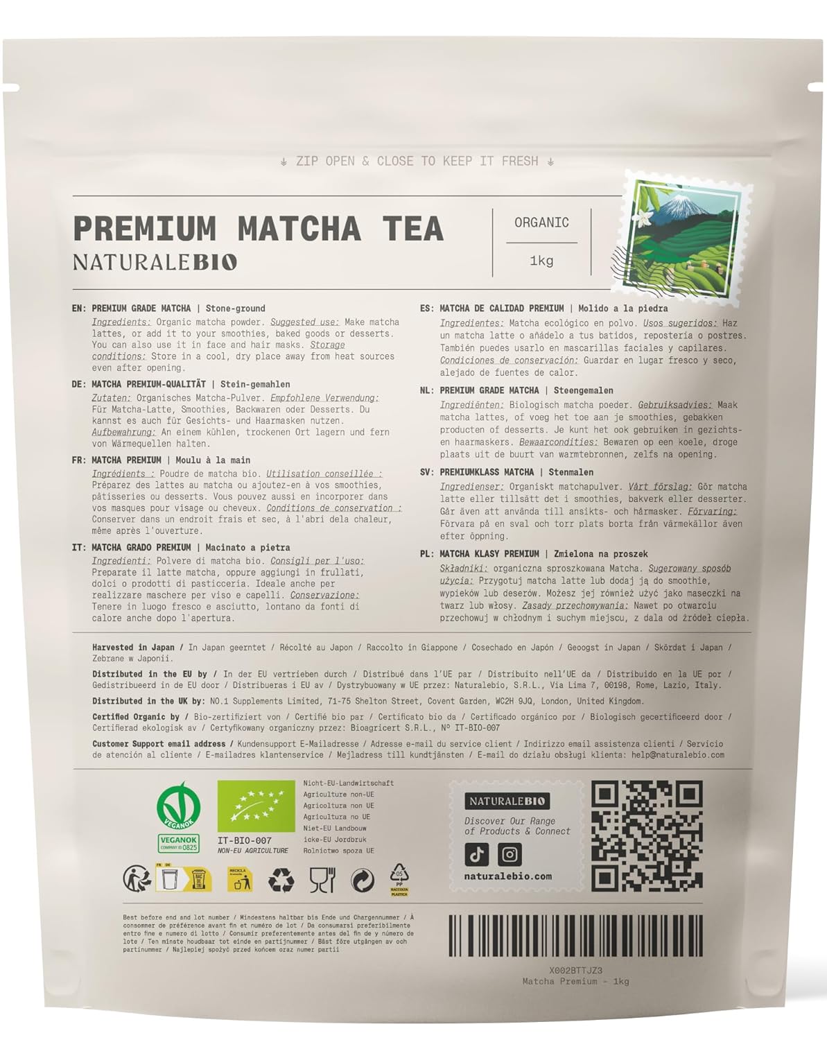 NaturaleBio Matcha Tee Pulver Bio - Premium-Qualität - 100g. Original Green Tea aus Japan. Japanischer ideal zum Trinken. Grüntee für Latte, Smoothies Getränk. Hergestellt in Uji, Kyoto.