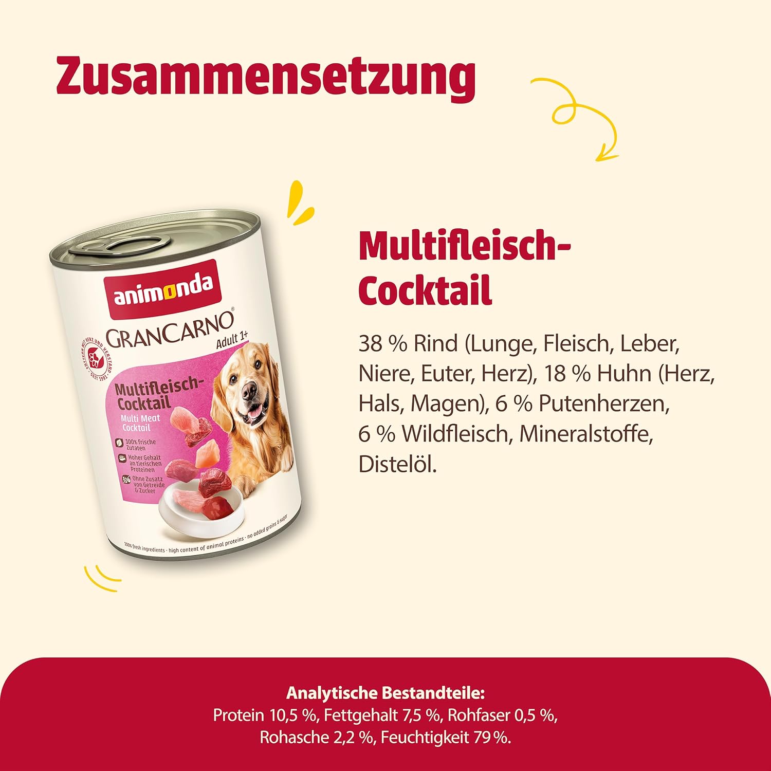 animonda GranCarno Adult Deftige Variation (6 x 800 g), Hundenassfutter für ausgewachsene Tiere, Nassfutter für Hunde mit 100% frischen, fleischlichen Zutaten, Hundefutter ohne Getreide