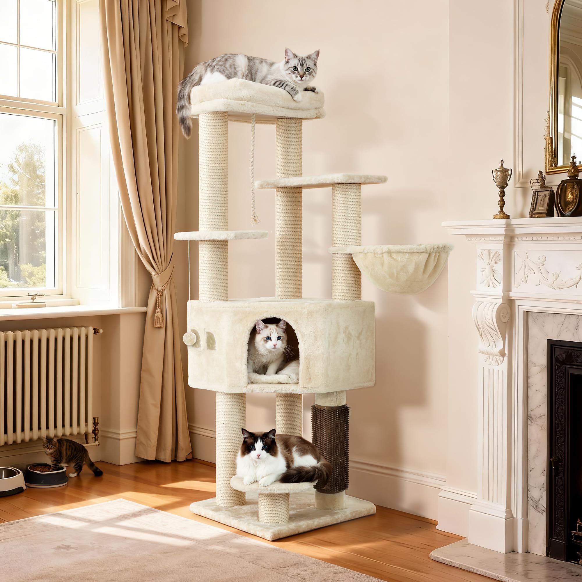 YITAHOME Kratzbaum, Katzenkratzbaum, für Große Katze, Katzenbaum, Katzenbürsten, 11 cm Dicke Stämme, Große Plattformen, Plüschkissen, Höhle, 50 x 50 x 157 cm, Beige
