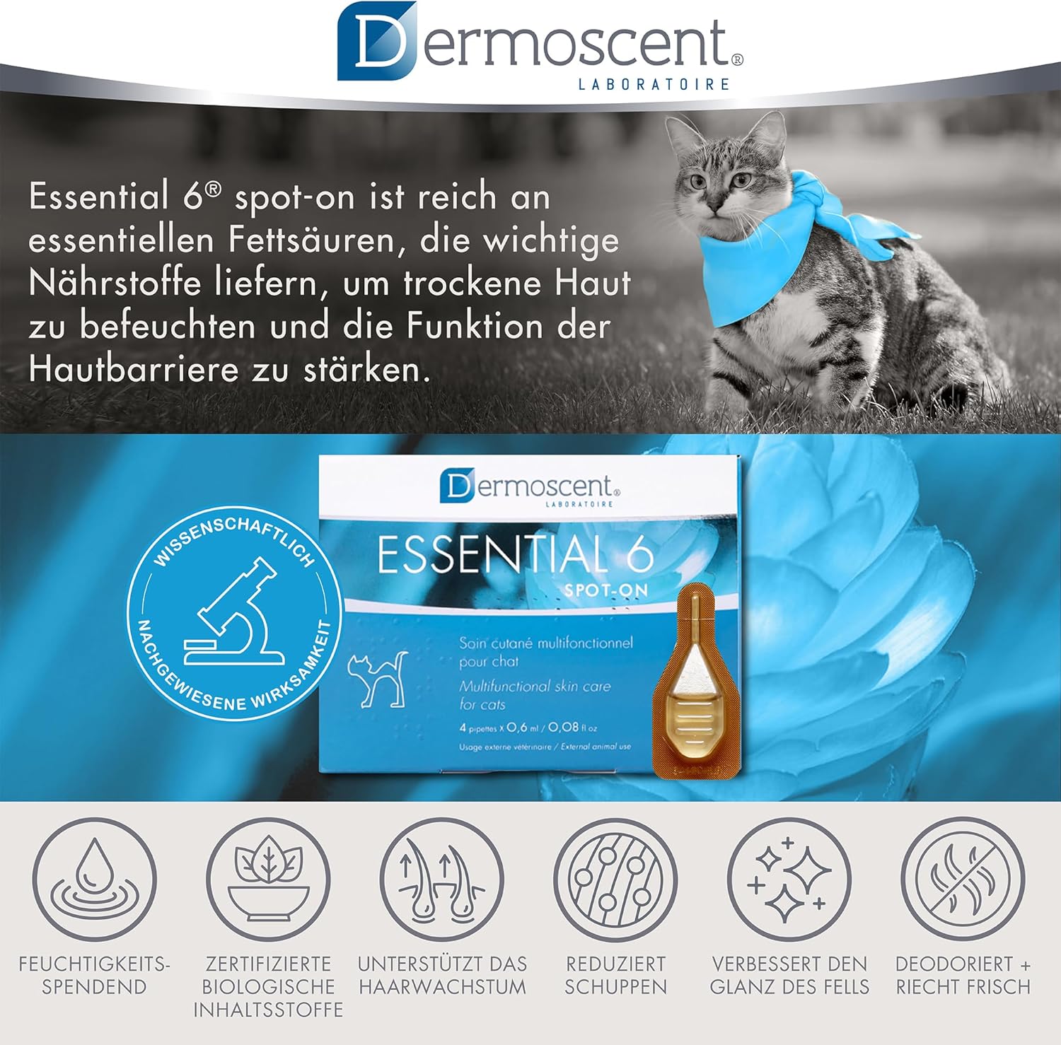 Essential 6 Spot-On | Innovatives Hautpflegeprodukt für Katzen | Hält die Haut feucht, das Fell glänzend, kontrolliert den Haarausfall, reduziert Gerüche und schützt mit natürlichen Inhaltsstoffen