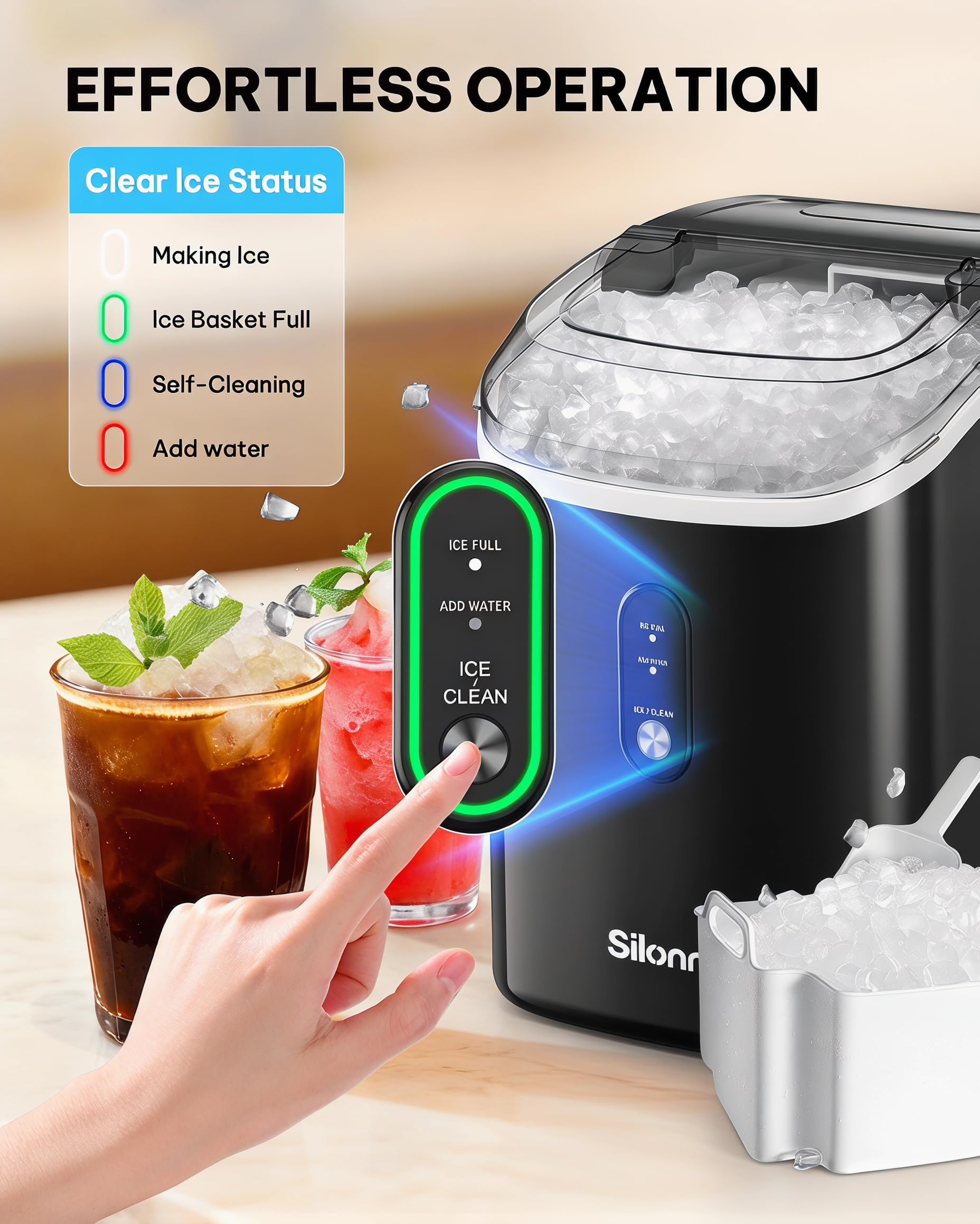 Nugget Ice Maker Countertop, Silonn Chewable Pellet Ice Machine with Self-Cleanin Function, 36lbs/24H Portable Ice Makers for Home Kitchen Officce, Black