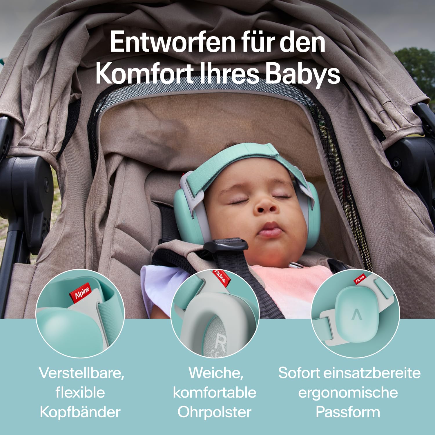 Alpine Muffy Baby Classic - Gehörschutz für Babys - Verstellbares ANTI-SLIP-Kopfband bis 48 Monate - In Deutschland auf Sicherheit getestet - Lärmschutz Kopfhörer verhindert Gehörschäden, Schwarz