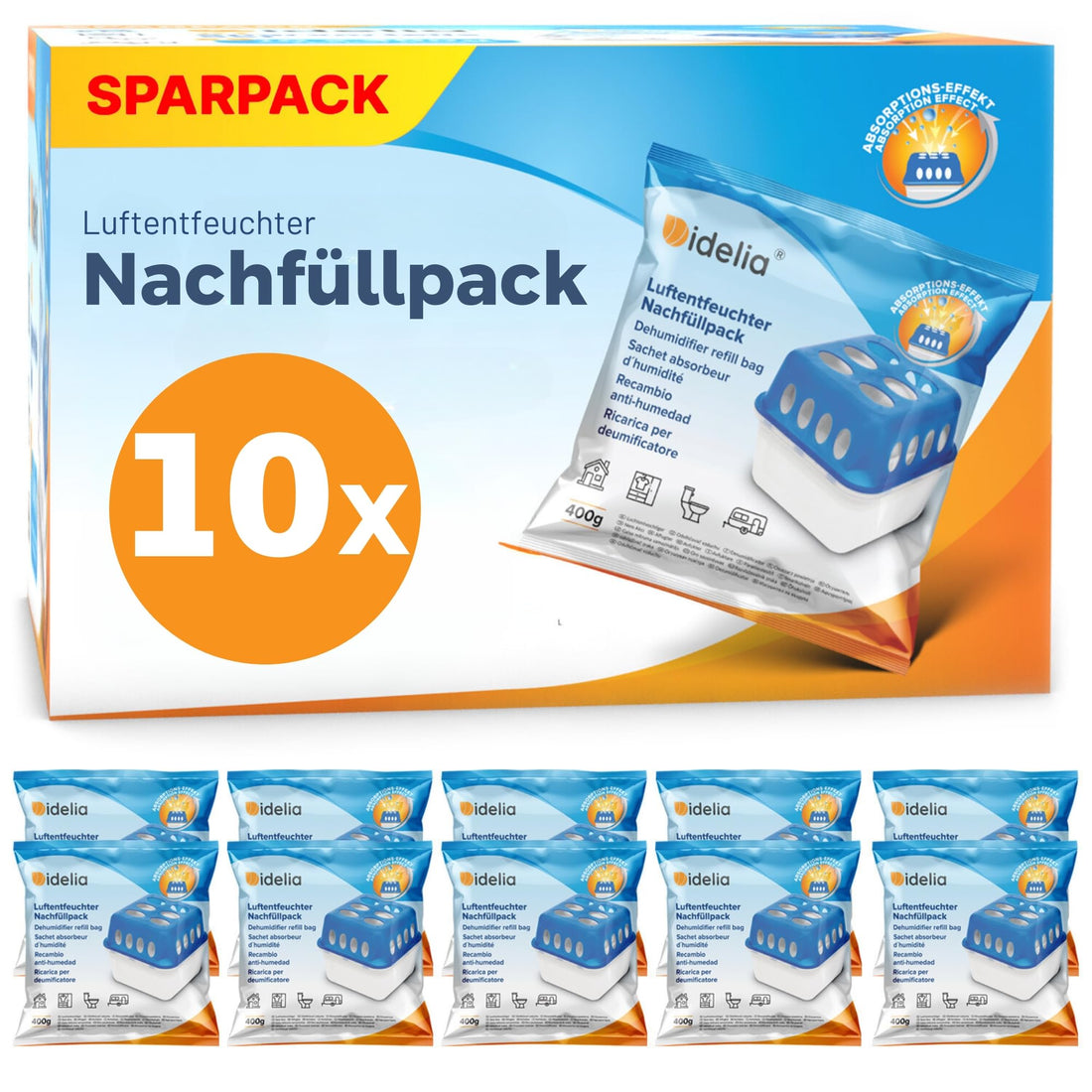 Idelia® 10x Luftentfeuchter Granulat 400g (Sparvorteils 10er Set Luftentfeuchter Nachfüllpack's) I Entfeuchter Nachfüllpack (Schimmel- und Geruchsschutz)