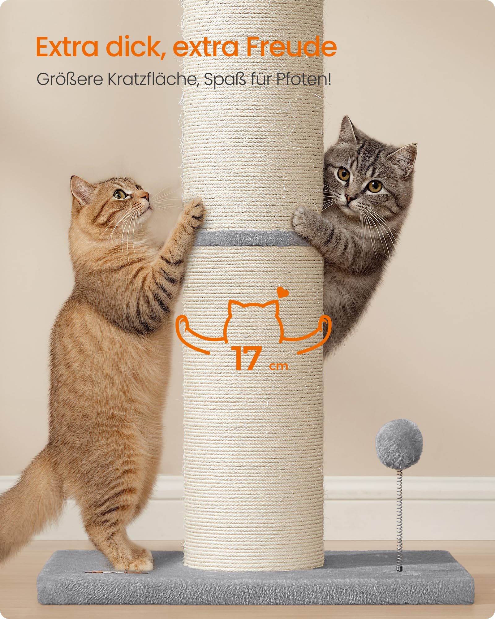 Feandrea Kratzbaum, 85 cm hoch, Kratzsäule XL, 13 cm Dicker Stamm, Katzenbaum, Kratzstamm für mittelgroße und große Katzen, Sisalstamm, mit Plüschball und Glocke, Taubengrau PCA041G01