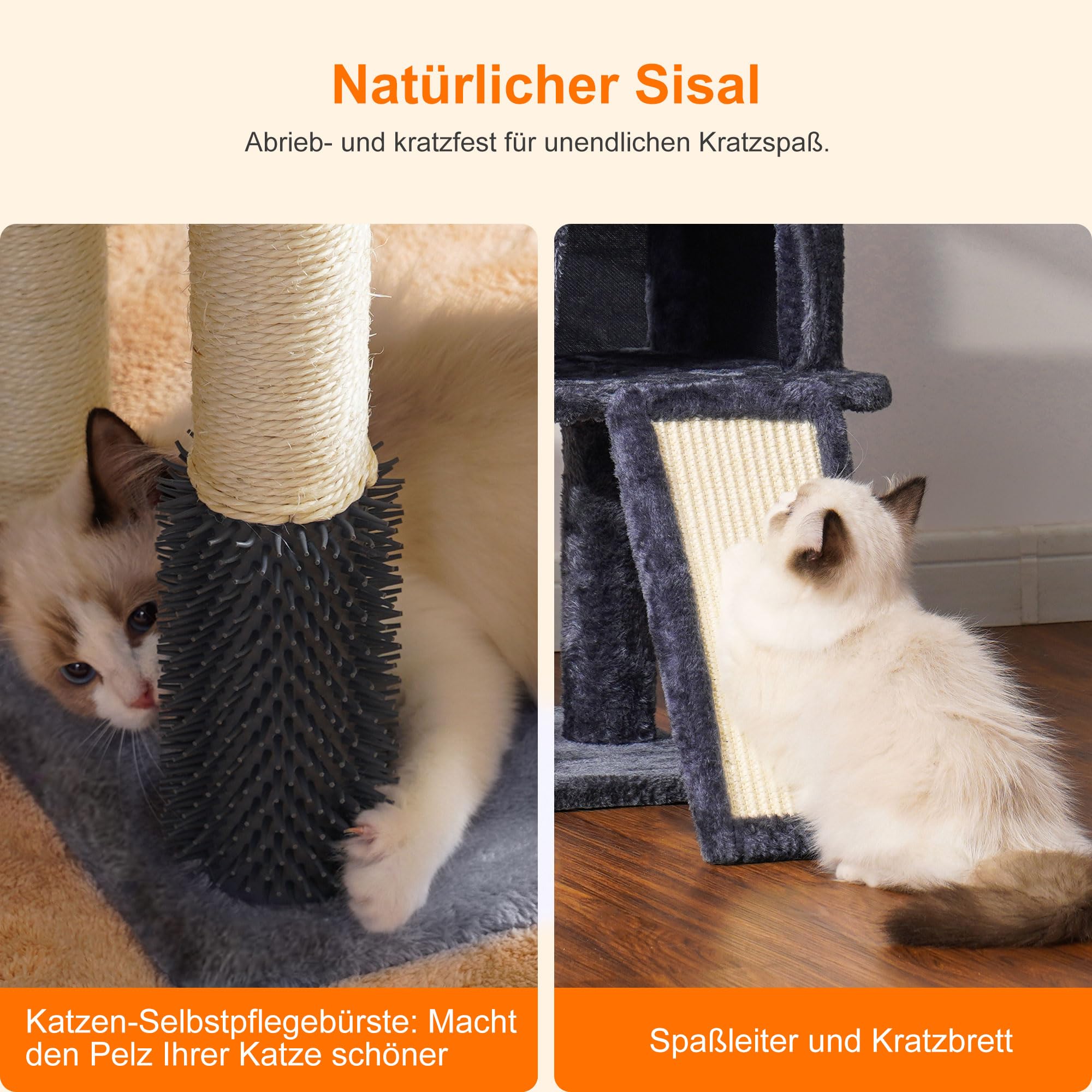 Heybly Kratzbaum mit Katzenbürste, Katzenbaum für Hauskatzen mit Gepolsterter Sitzstange aus Plüsch, Katzenkratzbaum mit Korb, Kratzbrett und Kratzbaum, Hellgrau HCT005SW