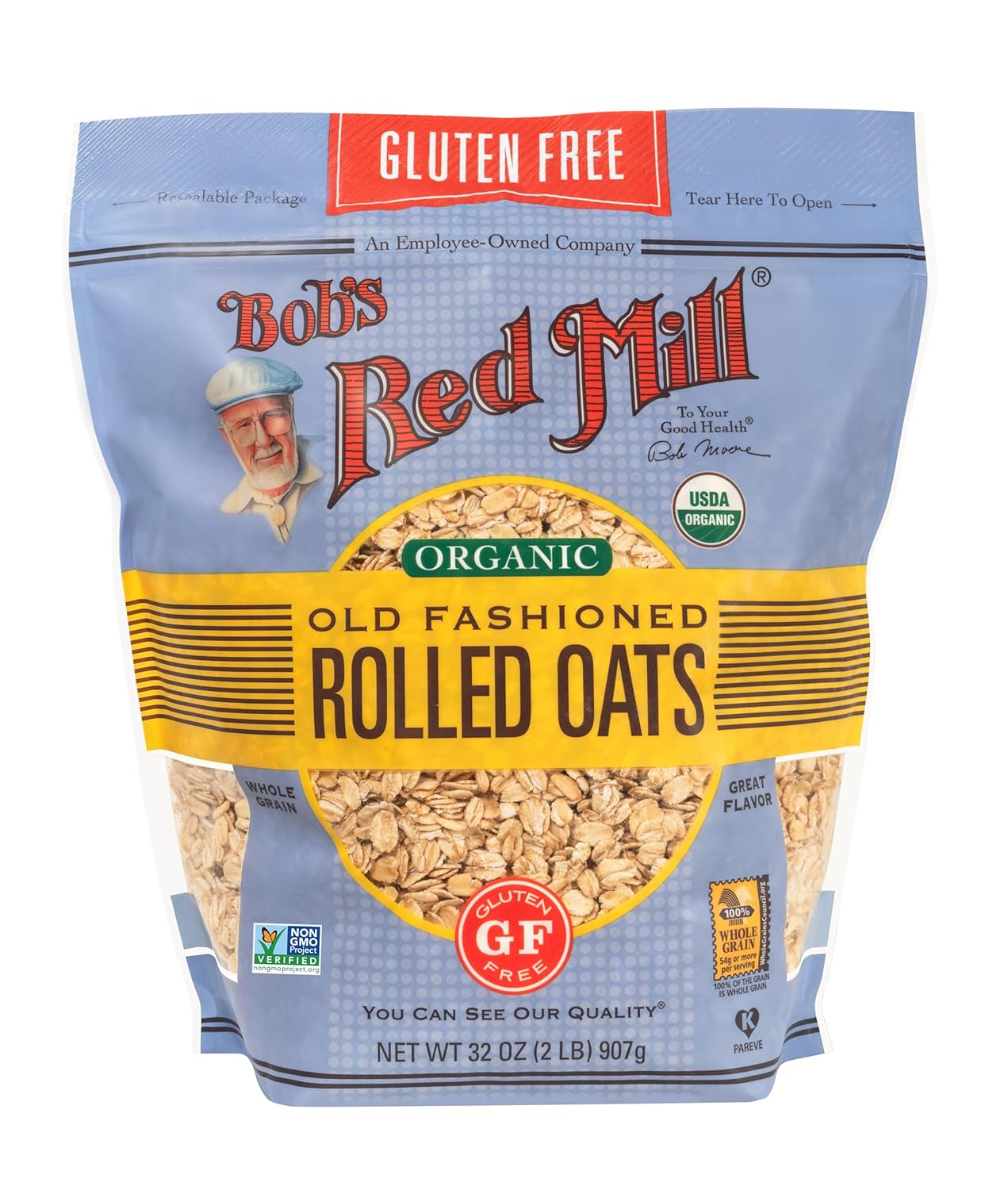 Bob's Red Mill Gluten Free Organic Old Fashioned Rolled Oats, 32oz (Pack of 4) - Non GMO, Whole Grain, Vegan, Kosher