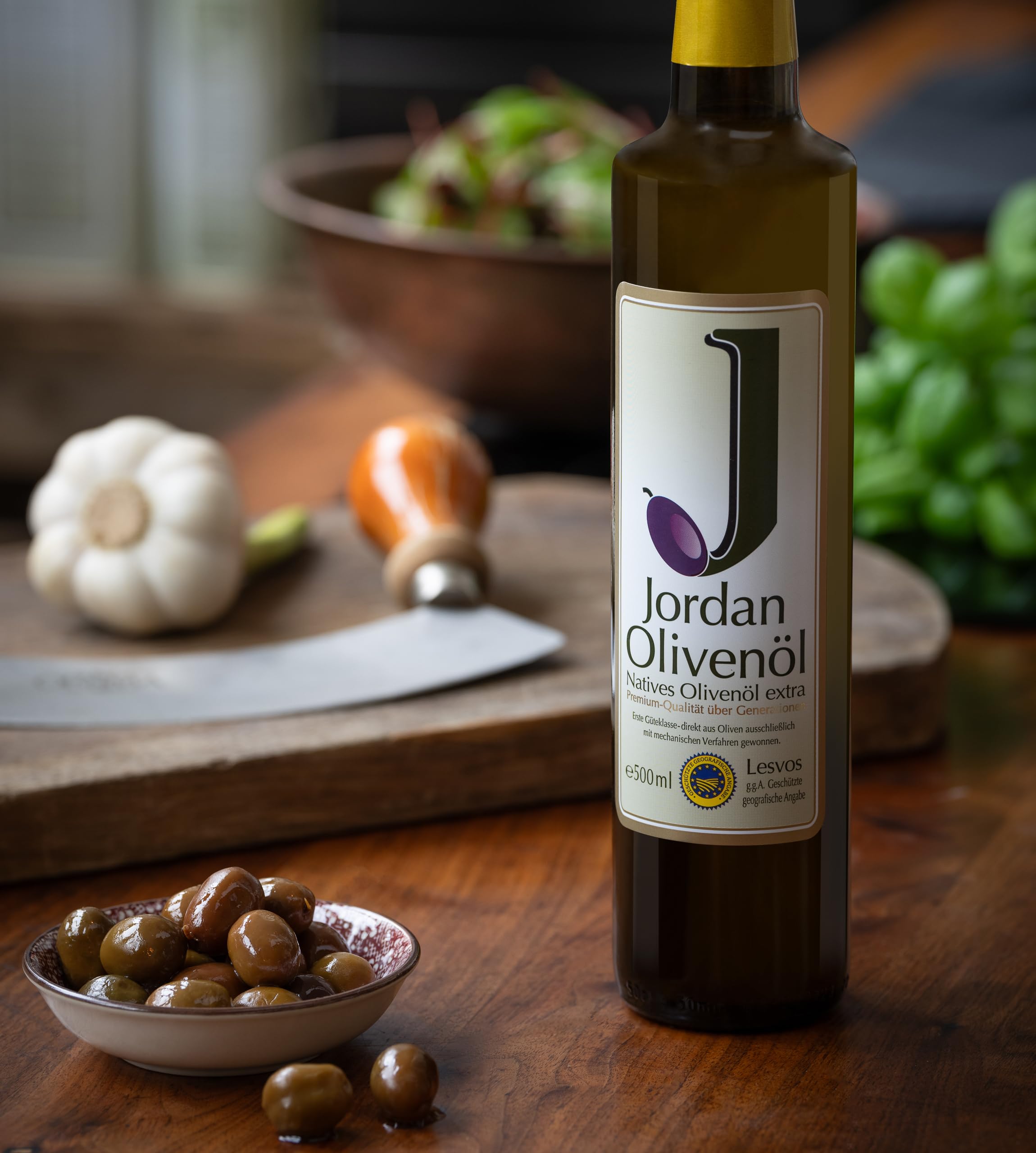 Jordan Olivenöl – Natives Olivenöl Extra - Flasche - 750 Milliliter - Öl kaltgepresst - griechische Oliven von Lesbos aus Jordans Olivenhainen - Ölflasche mit integriertem Ausgiesser & Tropfschutz