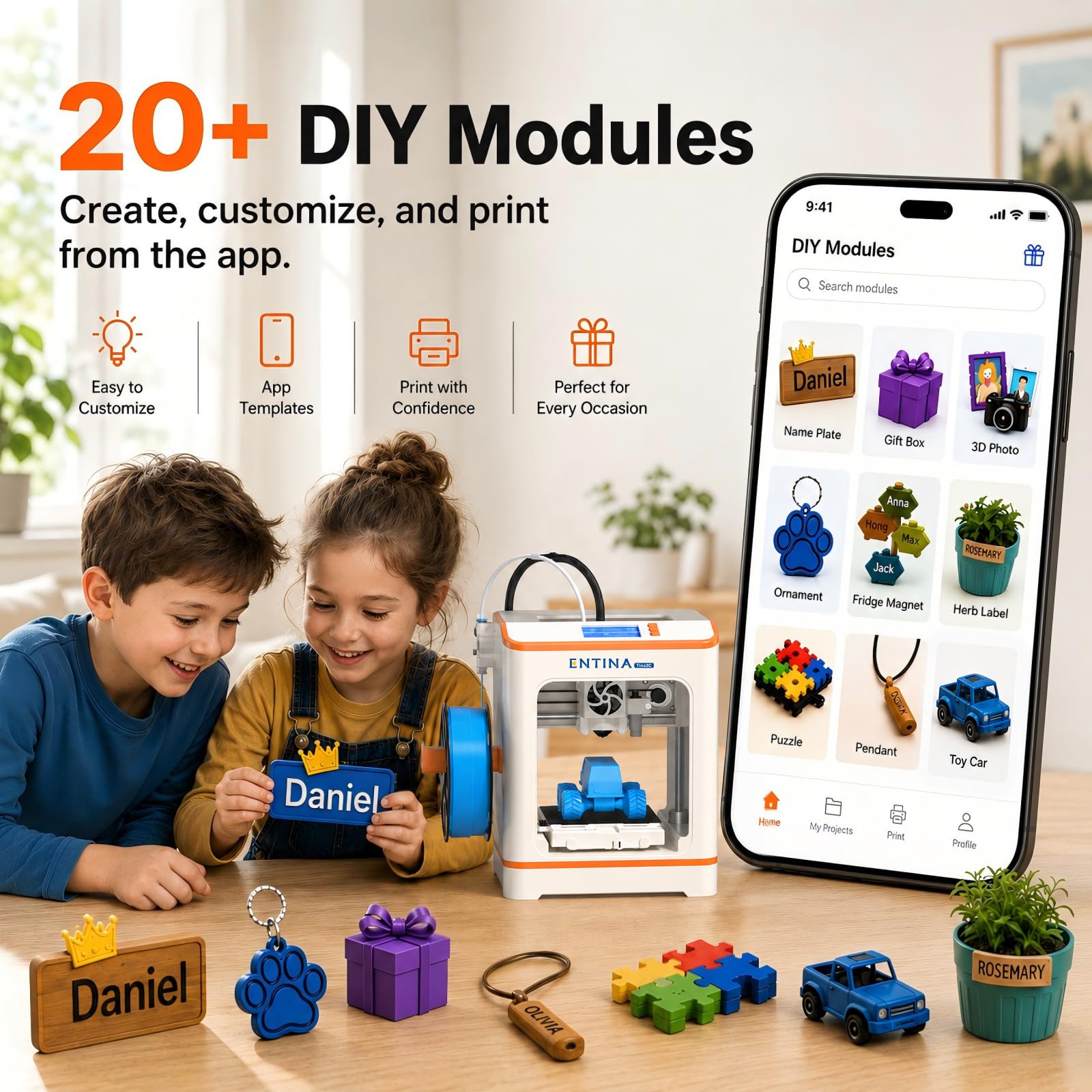 Entina Tina2C 3D Printer for Kids & Beginners, Fully Assembled Starter Mini 3D Printer, Start in 8 Mins, App & WiFi Control, Auto Leveling, 3000+ Model Library, 20+ Creative DIY Modules for STEM, Home