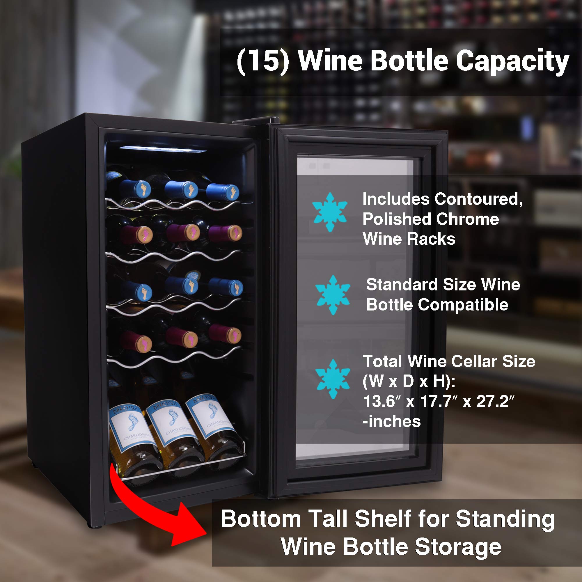 Nutrichef 12 Bottle Stainless Steel Slim Wine Fridge | Red & White Wine Chiller | Adjustable Temperature Control, Ultra Quiet Operation & Energy Efficient | Mini Wine Cooler Refrigerator | 31x10x17 IN