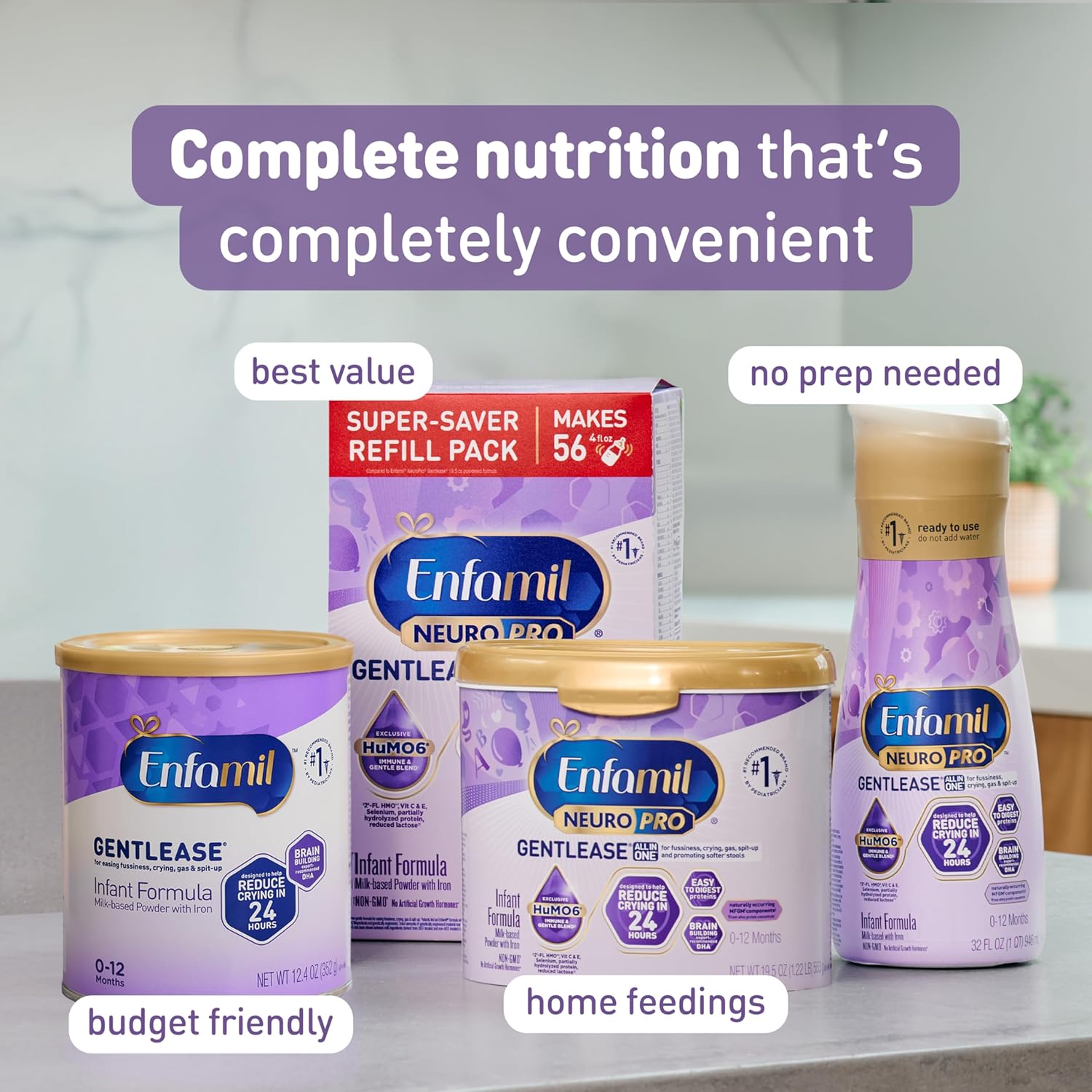 Enfamil NeuroPro Gentlease Ready-to-Feed with Smaller Proteins for Easy Digestion, Brain Supporting DHA, Prebiotic, HuMO6* Blend, Baby Formula for easing Fussiness, Crying, Gas, Spit-up in 24hrs, 32 Fl Oz,Liquid, Pack of 6