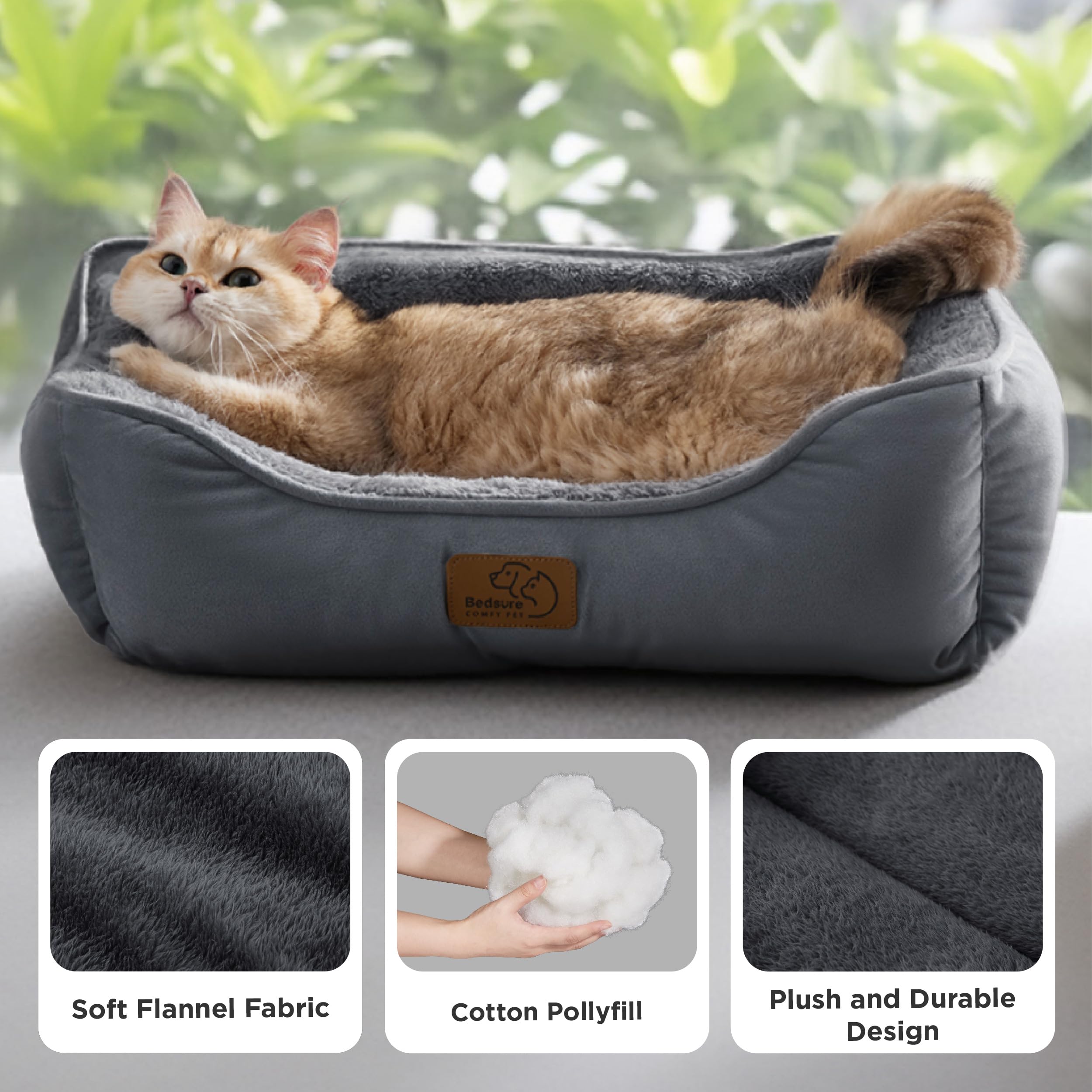 BEDSURE Katzenbett waschbar Katzen Bettchen - 51x41cm Katzenkorb Indoor mit Rutschfester Basis, quadratisches Hundebett für kleine Hunde mit weichem Rand, grau