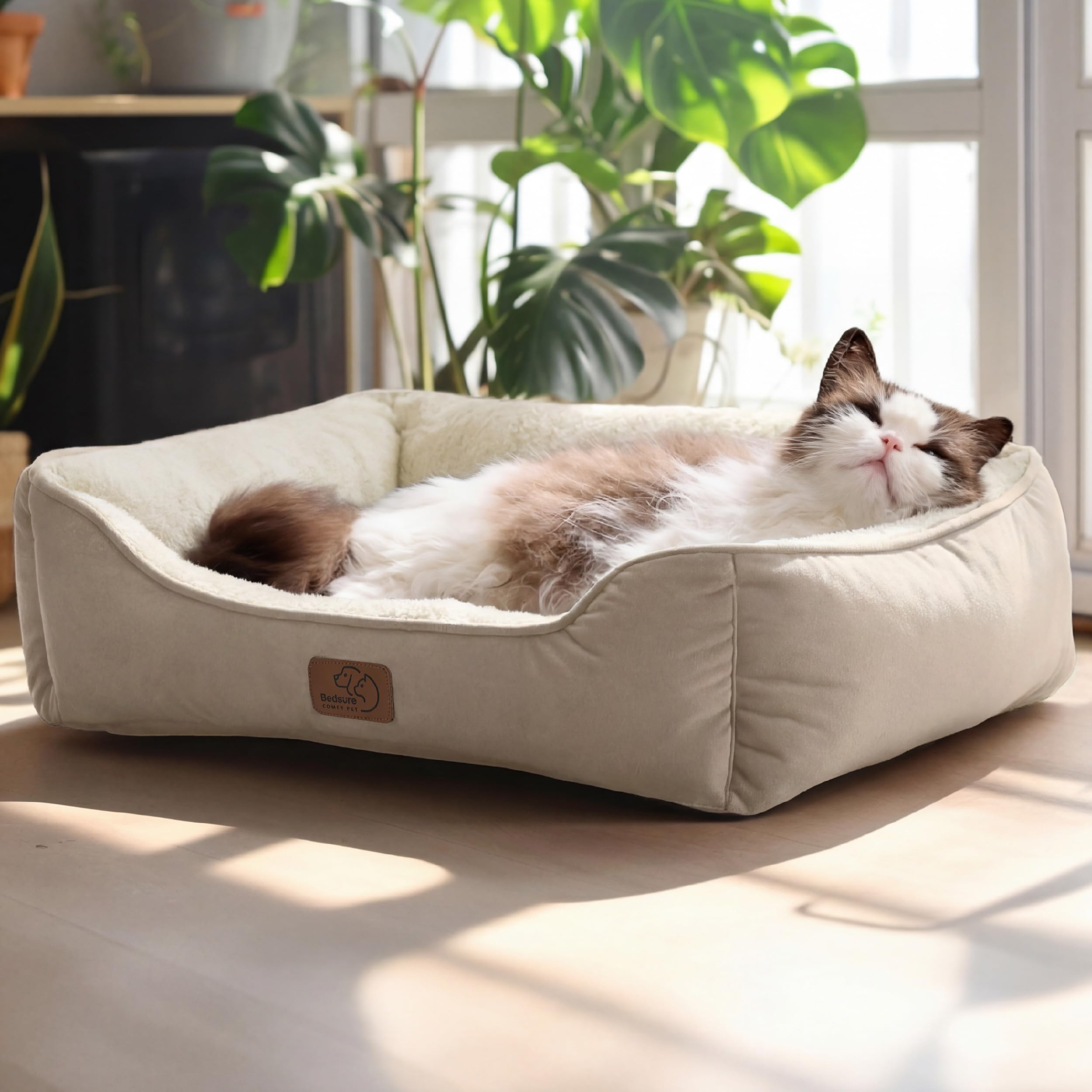 BEDSURE Katzenbett waschbar Katzen Bettchen - 51x41cm Katzenkorb Indoor mit Rutschfester Basis, quadratisches Hundebett für kleine Hunde mit weichem Rand, grau